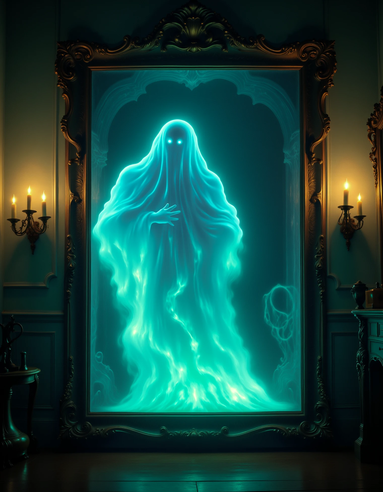 zavy-ctplsm, A Victorian-style mirror in a dimly lit room reflects not the surroundings but a swirling mass of glowing ectoplasm. The ghostly form takes shape, reaching out of the mirror, tendrils of spirit energy leaking into the room. The lighting is soft, with a warm candle glow that contrasts with the cold, blue-green glow of the ectoplasm. The air seems to shimmer with an unnatural energy as if the room itself is on the verge of being pulled into another realm