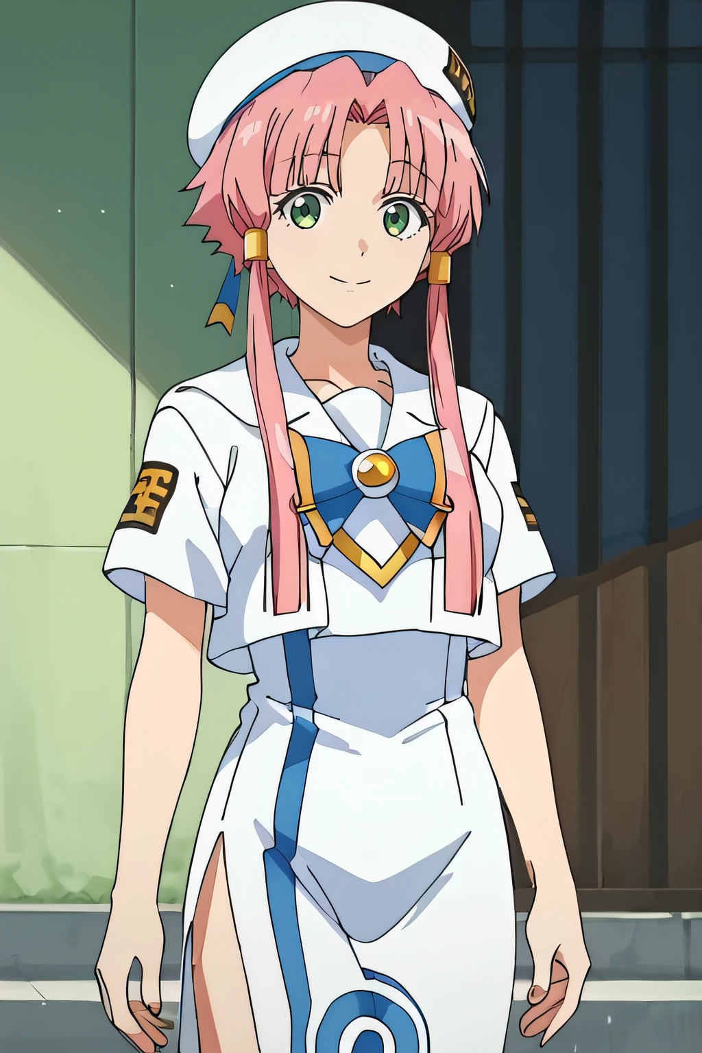 score_9, score_8_up, score_7_up, source_anime, rating_safe, intricate details, anime screencap, official style, 1girl, solo, <lora:Mizunashi_Akari:1>, mizunashiakari, pink hair, short hair with long locks, green eyes, aria company uniform, white beret, short sleeves, sailor collar, print dress, long dress, side slit, looking at viewer, outdoor, smile, cowboy shot