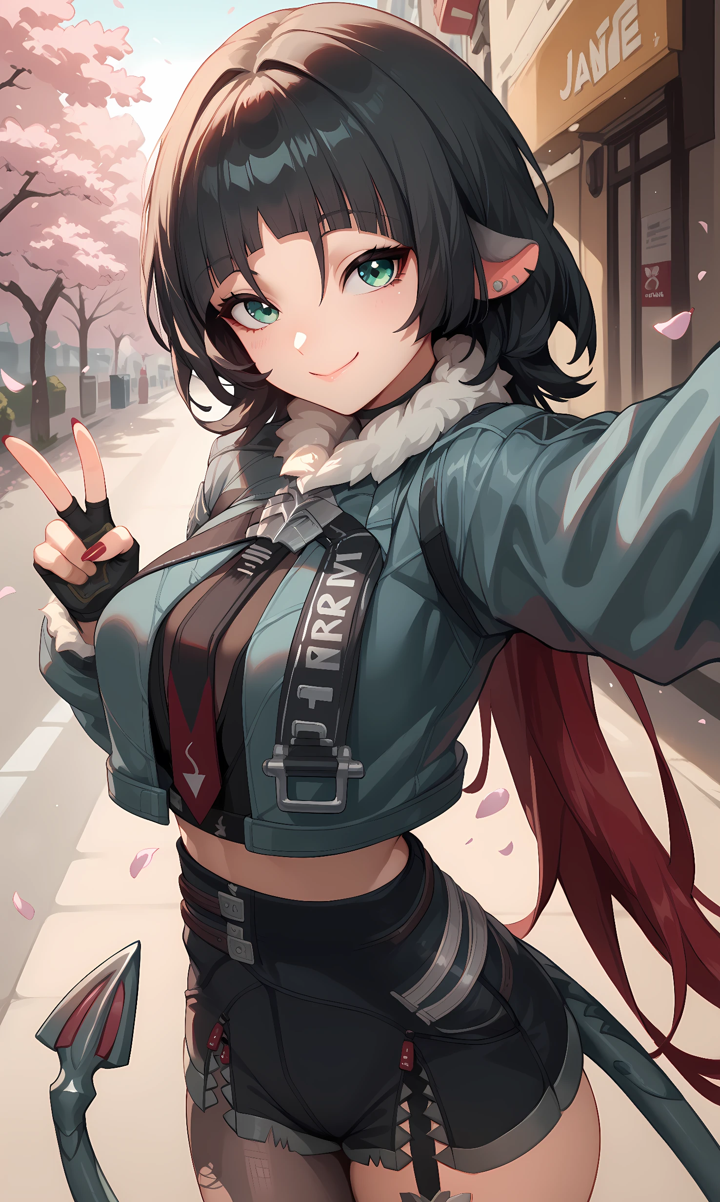 score_9, score_8_up, score_7_up, source_anime, 1girl, solo, outdoors, street, cherry blossoms, cowboy shot, standing, looking at viewer, shiny skin,  jane_doe, green eyes, black hair, blunt bangs, red hair, long hair, tail, grey jacket, fur-trimmed jacket, (black shorts:1.3), high-waist shorts, single pantyhose, single thighhigh, torn pantyhose, torn thighhigh, single thigh strap, grey boots, knee boots, fingerless gloves, red nail, necktie, cropped jacket, black crop top, closed mouth, smile, selfie, reaching out, peace sign