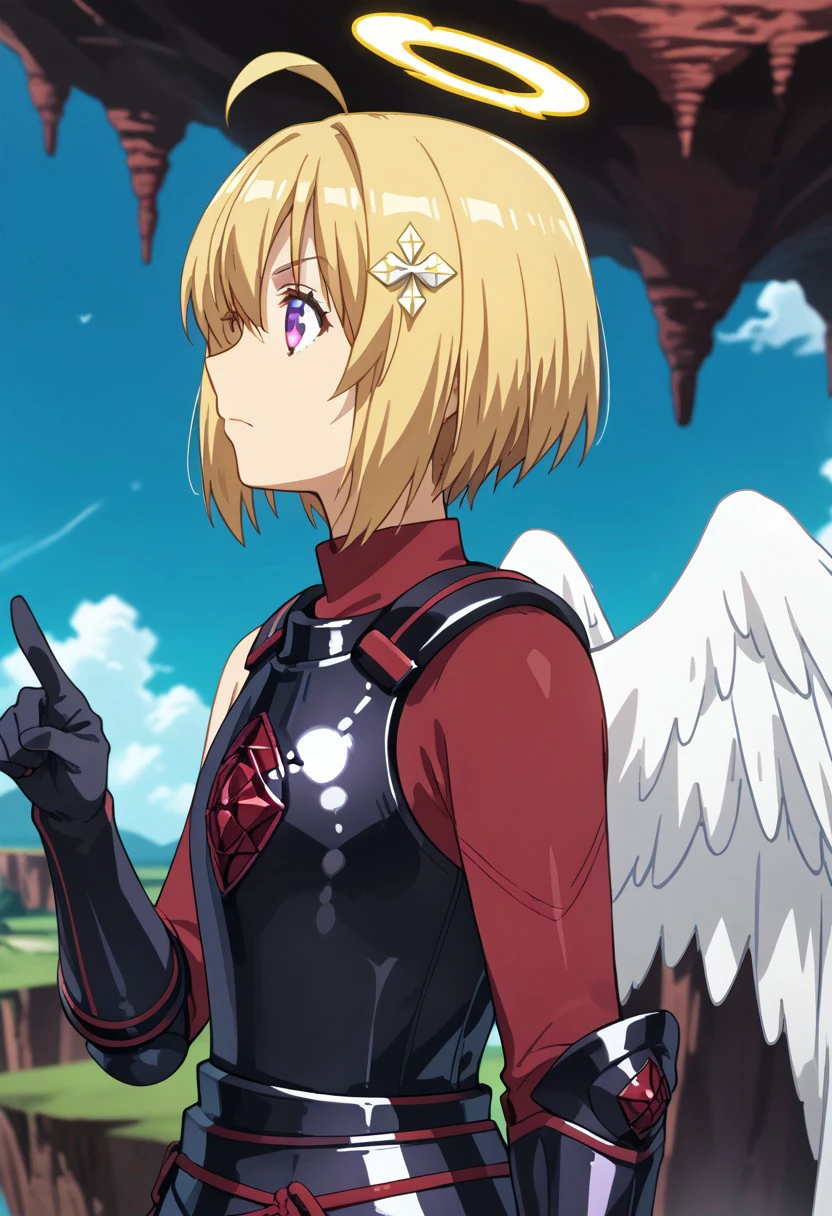 score_9,score_8_up,score_7_up,source_anime,Kaede Honjou (Loving Sacrifice),1girl,solo,hair ornament,gloves,closed mouth,bare shoulders,purple eyes,upper body,ahoge,wings,sky,black gloves,elbow gloves,cloud,armor,from side,profile,pointing,feathered wings,angel wings,white wings,breastplate,floating island,