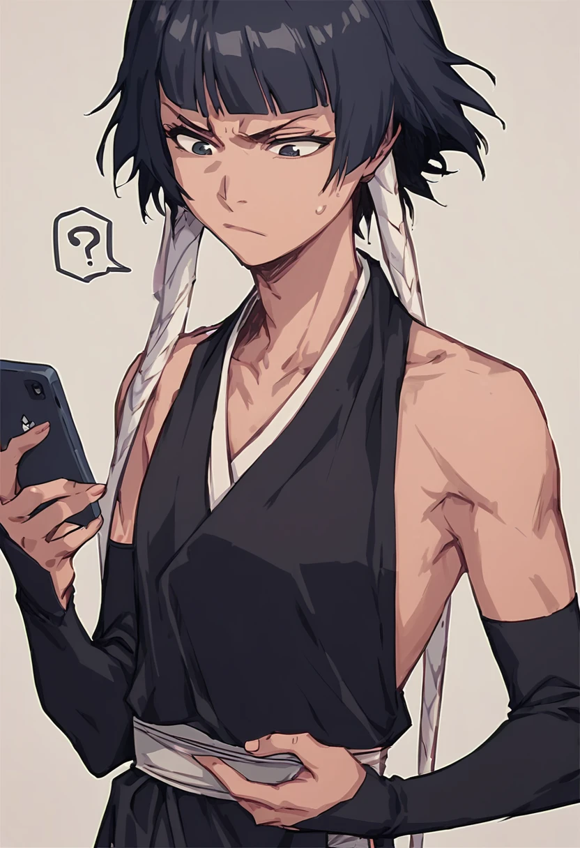 score_9, score_8_up, score_7_up, sui-feng, holding a soy phone, looking at phone confused, sleeveless black kimono, detached sleeves <lora:Soi_Fon_v2:0.8>