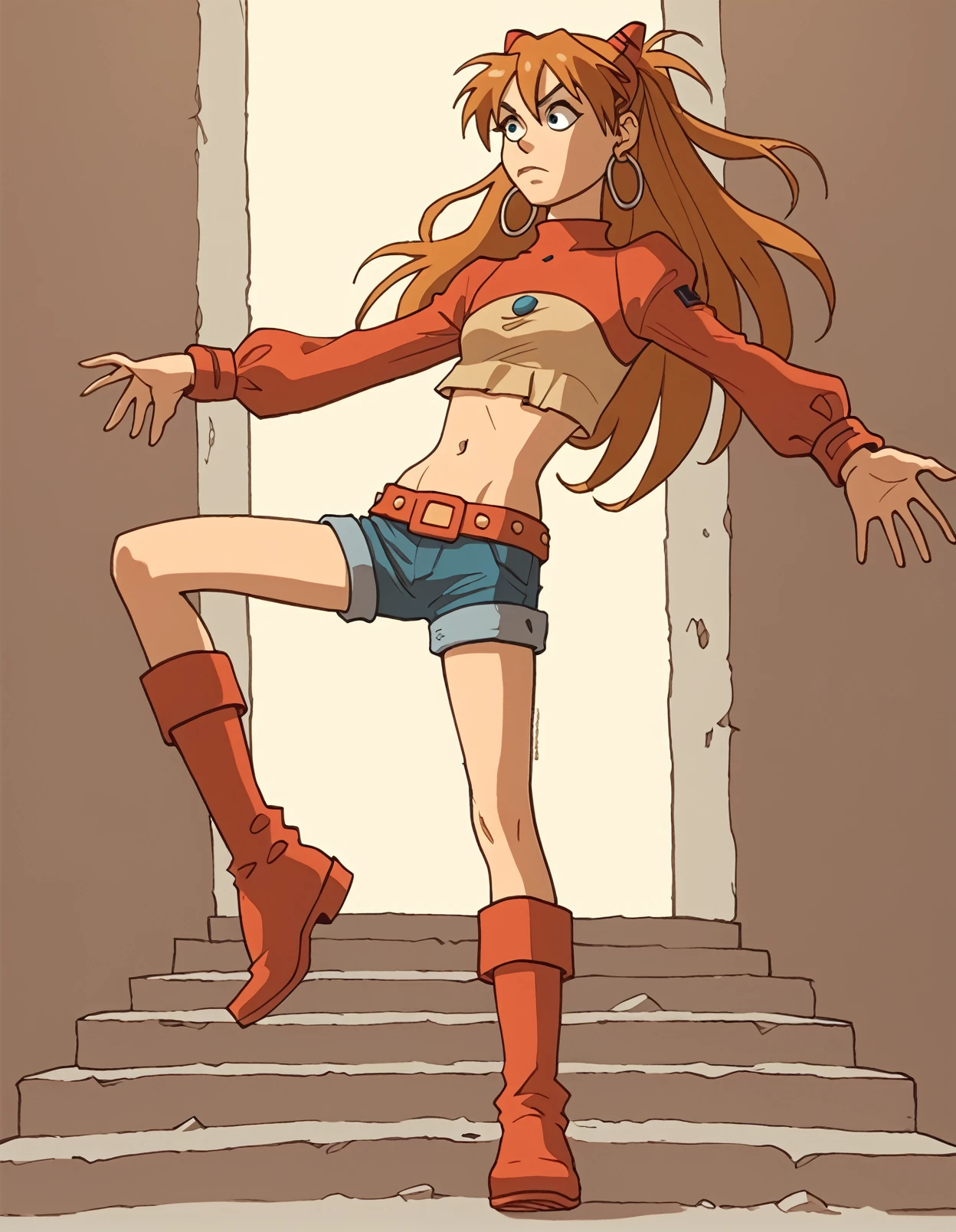 <lora:oglaf_pony_v3:1> art style by oglaf, a drawing of asuka langley soryu wearing a headband,1girl,navel,boots,brown hair,jewelry,earrings,hoop earrings,questionable, score_9, score_6_up, score_7_up