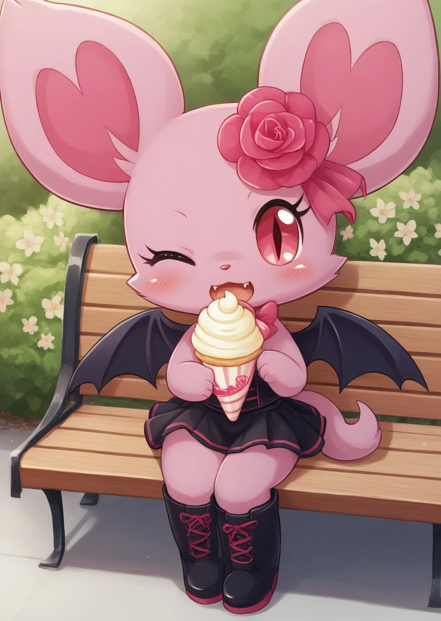 score_9, score_8_up, score_7_up, score_6_up, score_5_up, BREAK
Debi, anthro, female, solo, fangs, one eye closed, tail, 1girl, blush, bat wings, wings, boots, furry, no humans, open mouth, flower, heart, park, bench, sitting, holding icecream, pink fur, flower, hair ornament