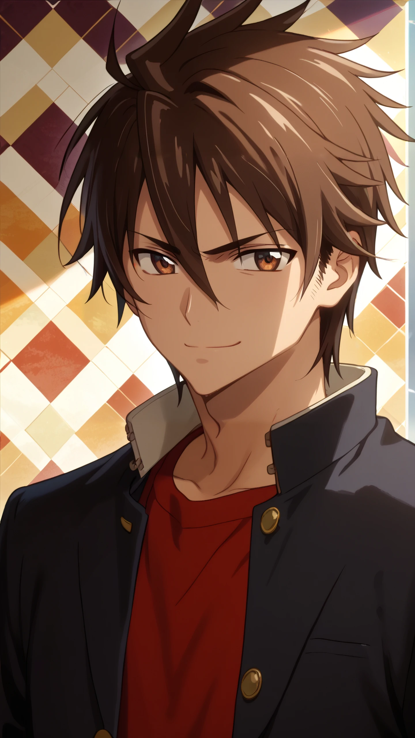 score_9, score_8_up, score_7_up, mature male, looking at viewer, sunlight, abstract background, argyle background, upper body, close-up, portrait, 
<lora:Takashi_Komuro_Dwnsty:1>, takashi_komuro, brown hair, brown eyes, hair between eyes, short hair, school uniform, black jacket, buttons, red shirt, 
light smile, smirk,