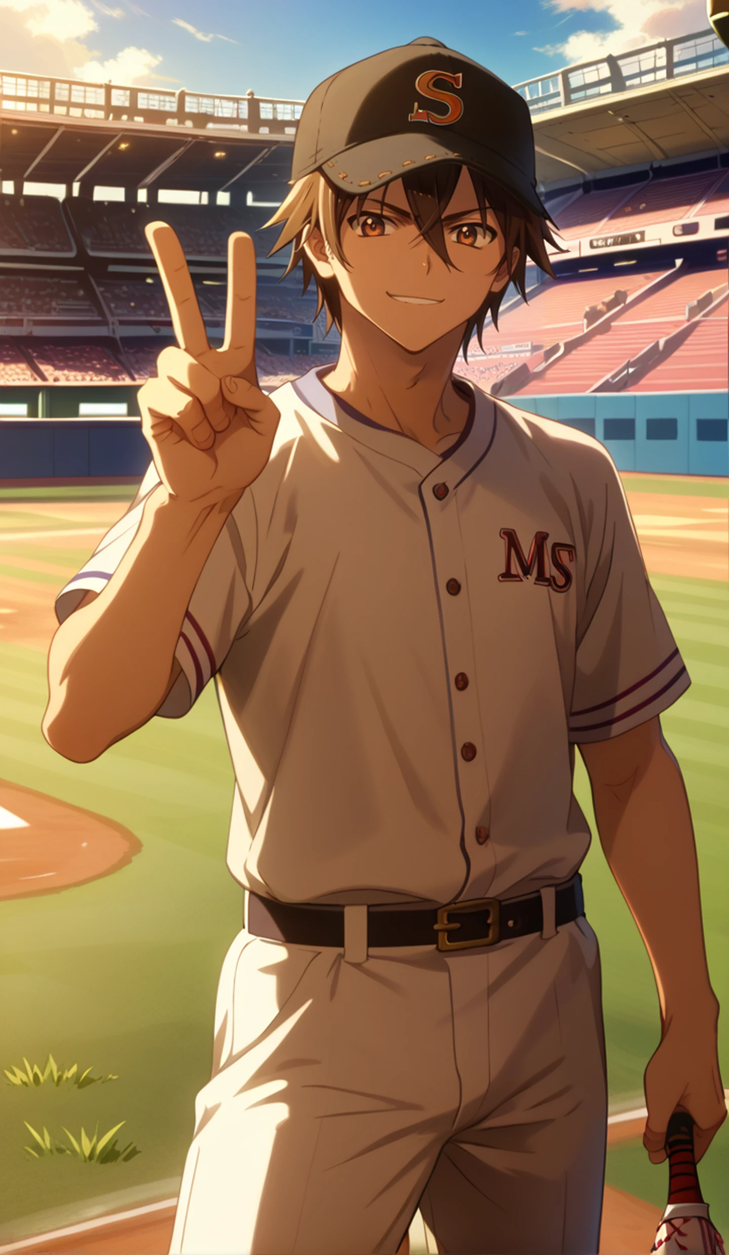 score_9, score_8_up, score_7_up, mature male, looking at viewer, cowboy shot, 
<lora:Takashi_Komuro_Dwnsty:1>, takashi_komuro, brown hair, brown eyes, hair between eyes, short hair, baseball cap, baseball uniform, 
light smile, smirk,  v, 
outdoors, grass, blue sky, baseball stadium, stadium,