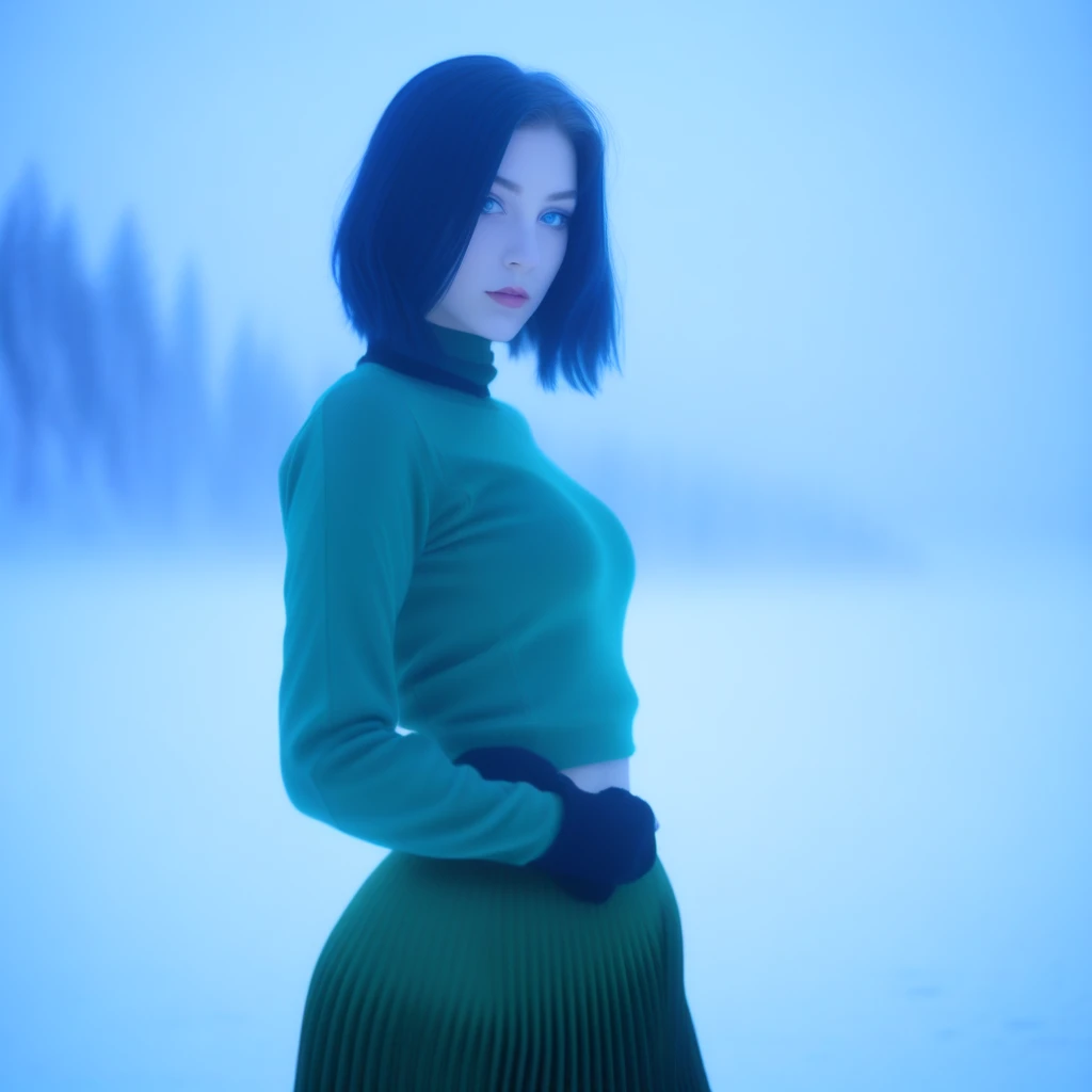 ocean, blue skin, parted lips, pleated skirt, green eyes, monitor, silhouette, snow, pants