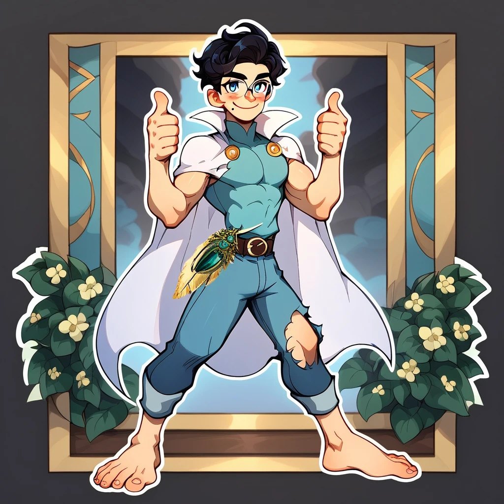 albriëch arwë, turquoise gem, golden quill, turquoise quill, turquoise brooch, 1boy, male focus, barefoot, solo, black hair, muscular, smile, blue eyes, glasses, white cape, pants, belt, muscular male, blue pants, looking at viewer, full body, pectorals, sleeveless, cape, torn clothes, shirt, mole, outdoors, brown belt, thumbs up, , SOLO, thick outline, black outline, CUTE FACE, Flower bed background, orgasmic looking, blushing,black outline,thick outline, looking at viewer,