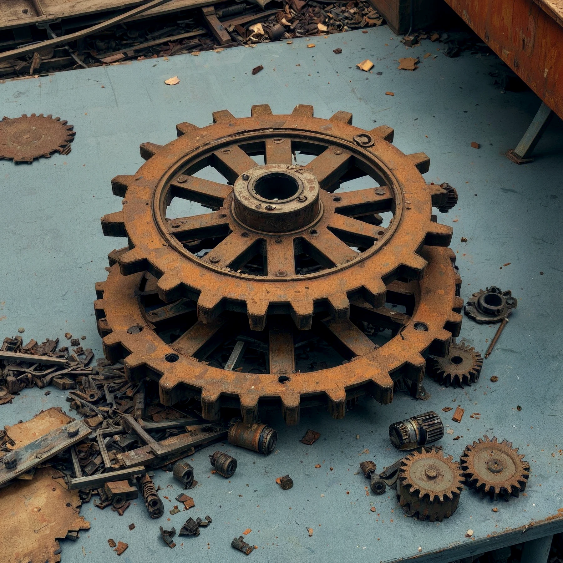 A rusting cogwheel, left on a table to succumb to the elements. Abandoned, dilapidated.

<lora:UrbanDecay01_CE_SDXL_64x32x120x2bOT:1> urbndcyCE style