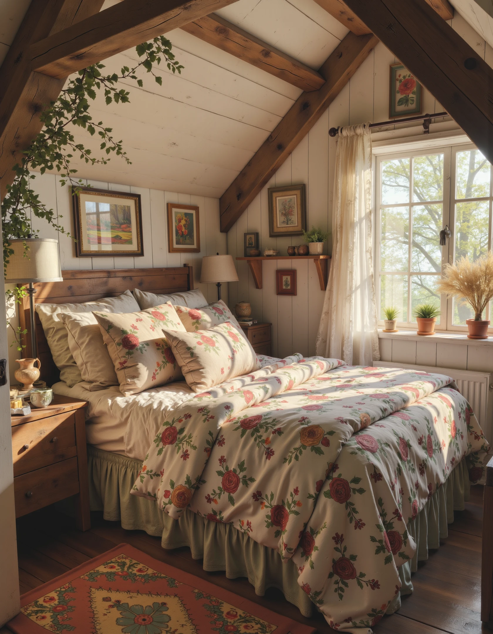 a stunning photograph of a cute scene, Guest Room - Welcoming with layered bedding and personal touches.. <lora:Cottagecore_Flux:0.8> c0ttagec0re