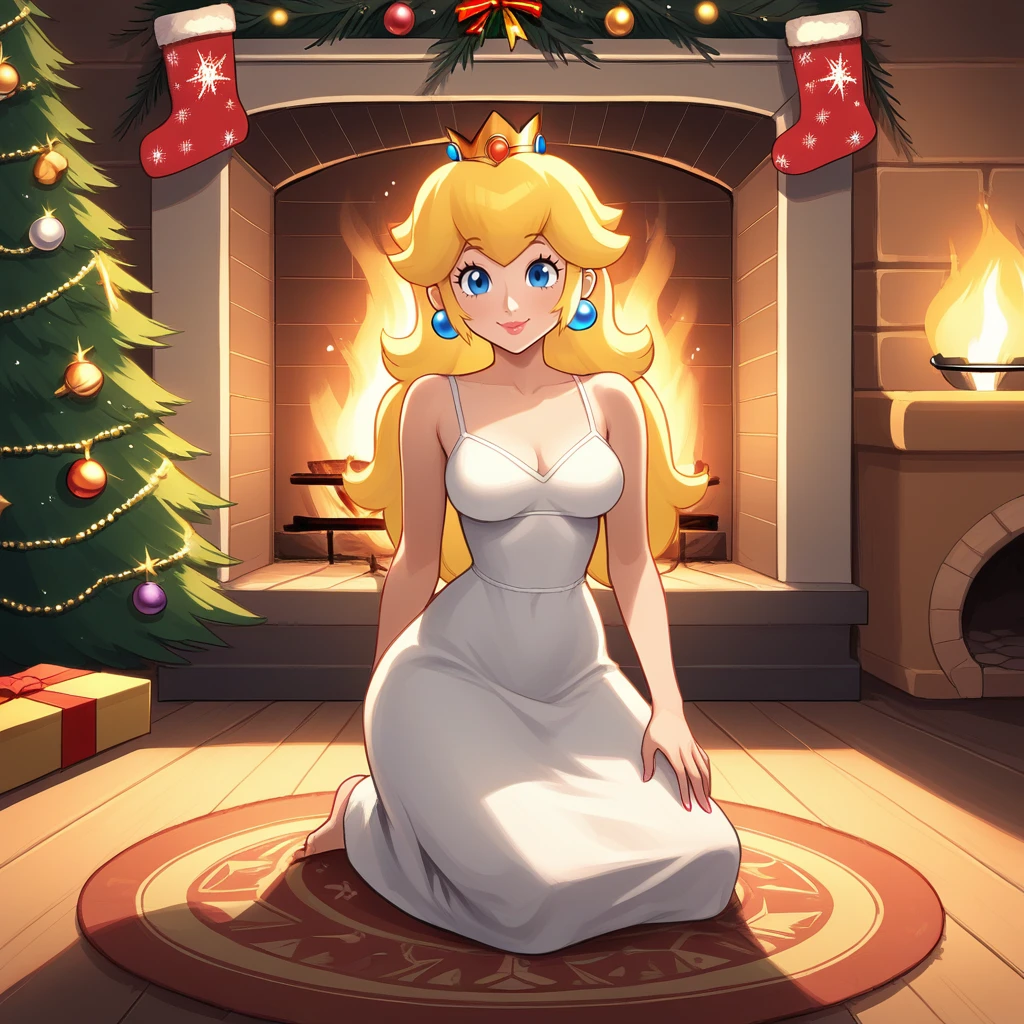 score_9, score_8_up, score_7_up, score_6_up, score_5_up, score_4_up, zPDXL2,source_anime,rating_questionable,  1girl, lounging, looking at viewer, smile, Christmas tree, kneeling <lora:Fireplace:0.8> f1r3pl4c3, fireplace, indoors, looking at viewer, carpet, princess peach, white nightgown