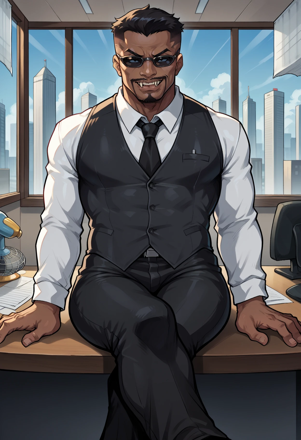 score_9, score_8_up,score_7_up, source_anime, 1boy, solo, bldeb, male focus, manly, dark-skinned male, dark skin, black hair, very short hair, facial hair, mustache, beard, goatee,
sunglasses, vampire, fangs,
office lady, black pantyhose looking at viewer, smug, toned, sitting, crossed legs, sitting on table, indoors, office, window, cityscape, electric fan,
<lora:bldweb_pdxl_EliPot:1>