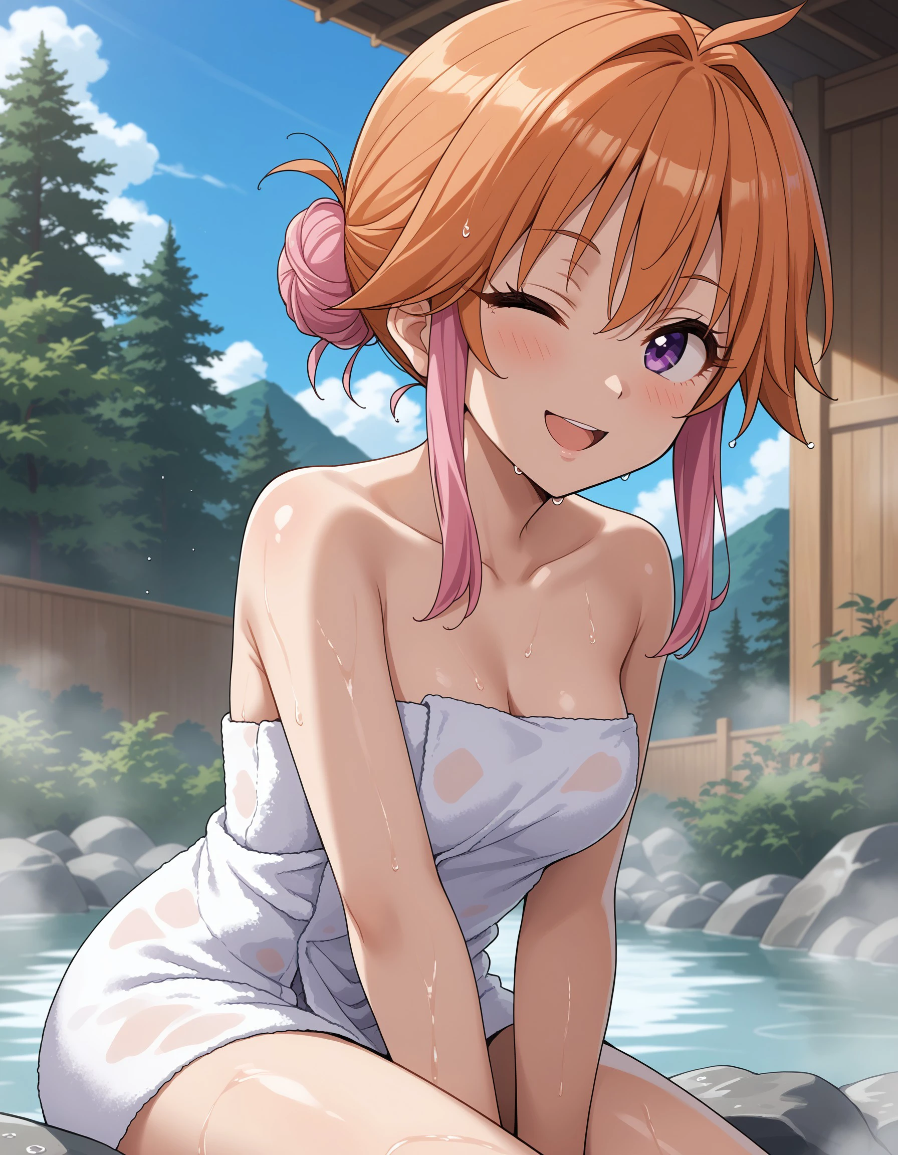 (masterpiece), best quality, expressive eyes, perfect face, naked towel, one eye closed, towel, two-tone hair, pink hair, blush, looking at viewer,onsen, sky, day, outdoors, open mouth, long hair, collarbone, hair bun, bare shoulders, wet, sitting, smile, breasts, purple eyes, sidelocks, single hair bun, asuka_n, orange hair, <lora:d93be3bb-a649-4b2a-86ec-3ce1fce180b8:0.7>