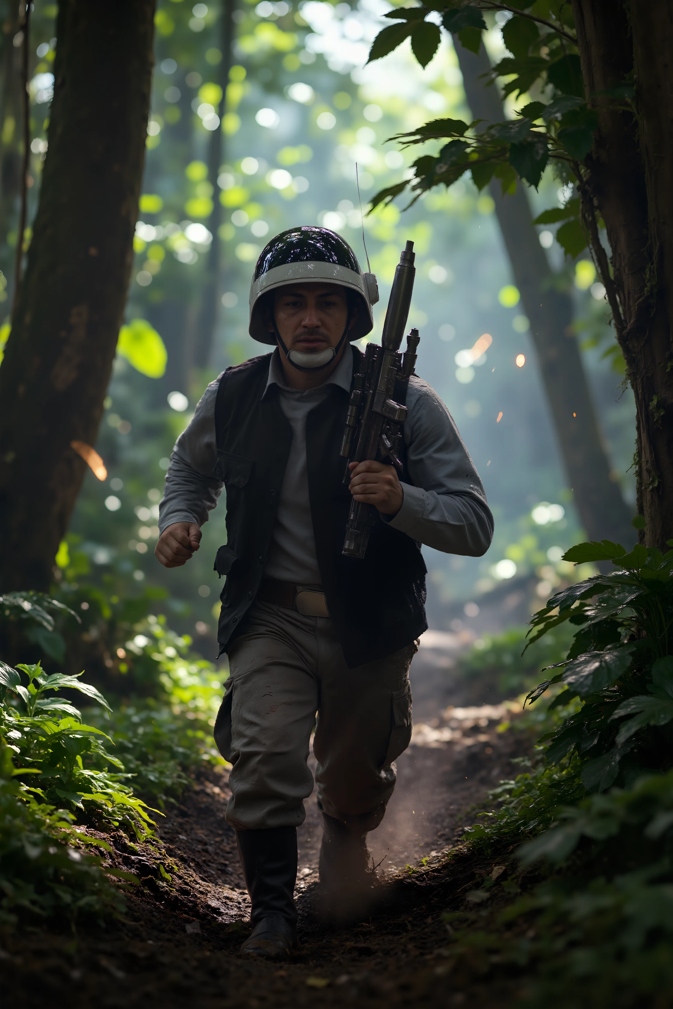 A hyper-realistic close-up of a Rebel Trooper sprinting through the dense foliage of a jungle planet, blaster bolts zipping past him as Imperial forces give chase. His face is streaked with mud and sweat, eyes wide with focus as he navigates the uneven terrain. The background is a lush, green jungle teeming with massive trees and thick undergrowth, the vibrant colors contrasting against the dark, smoky shadows of the battle. Realistic leaves and dirt fly up as he runs, and the hum of blasters and distant explosions fill the air. His hand clutches his rifle, ready to turn and fight as he makes his escape through the dense wilderness.<lora:REBEL_TROOPER_FLUX><lora:aidmaMJ6.1-FLUX-V0.1:0.6><lora:Movie_Portrait><lora:Flux DetailerV2>