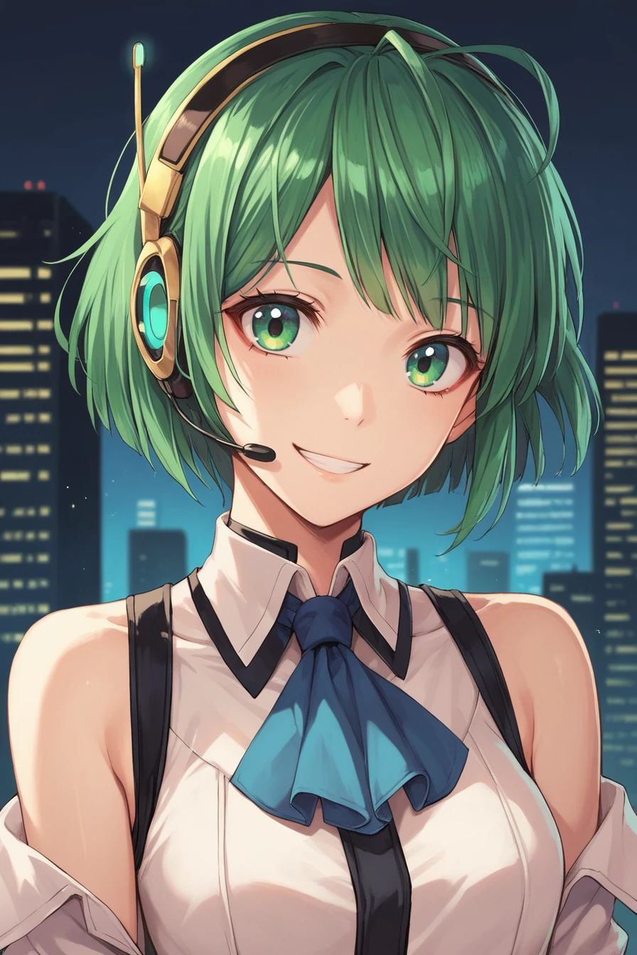 (score_9, score_8_up, score_7_up), source anime,  <lora:Lin:0.7> , lindef, 1girl, solo, green hair, short hair, green eyes, hairband, headset, antennae, radio antenna, blue ascot, bare shoulders, vest, white vest, white shirt, shirt, collared shirt, sleeveless shirt, smile, ((face, close-up)), <lora:m31d0n0XLP:0.4> , m31d0n0, BREAK
indoor, office, cyberpunk,  <lora:StS_detail_slider_v1PonyXL:2>