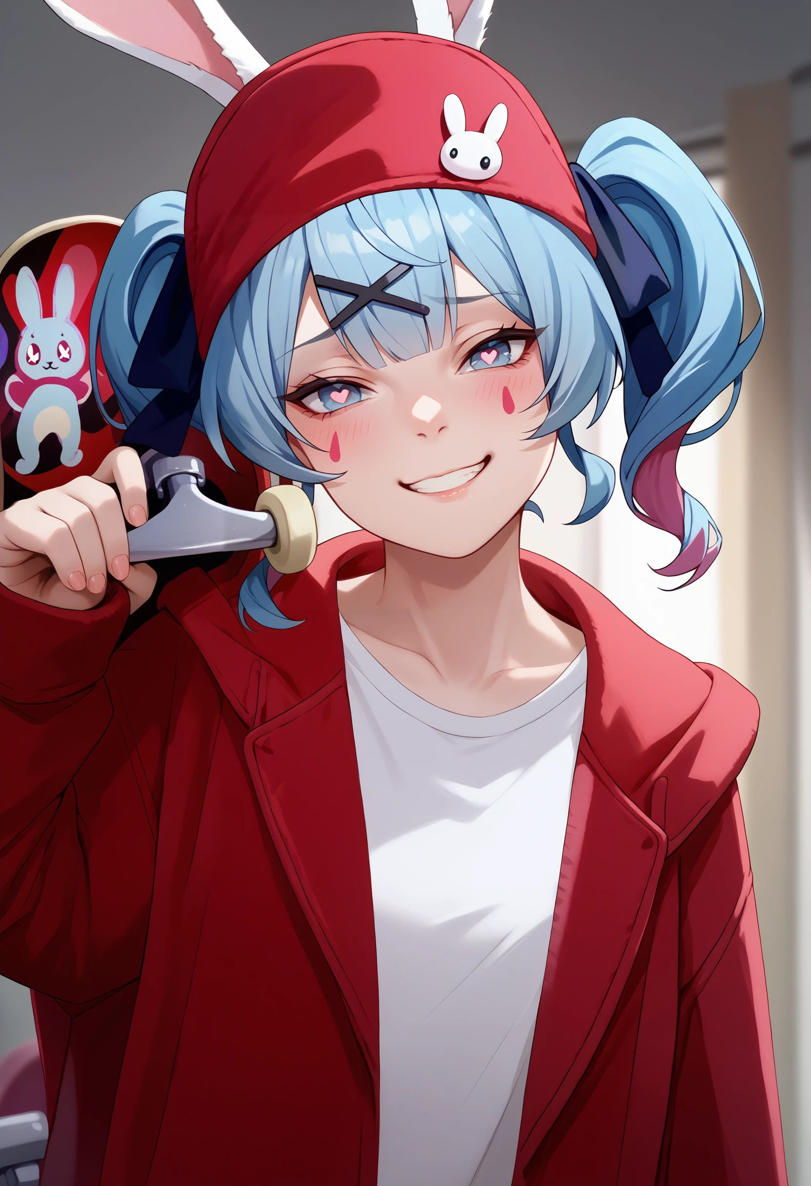 score_9, score_8_up, score_7_up, 1girl, holding skateboard, upper body, red jacket, red headwear, hood, <lora:HowDoYouDoFellowKidsMeme_pdxl_Incrs_v1:1>, <lora:vocaloid_rabbitholemiku_ponyXL:1> rabbitholemiku, facial mark, twintails, x hair ornament, hair ribbon, heart-shaped pupils, smirk, seductive smile, indoors,