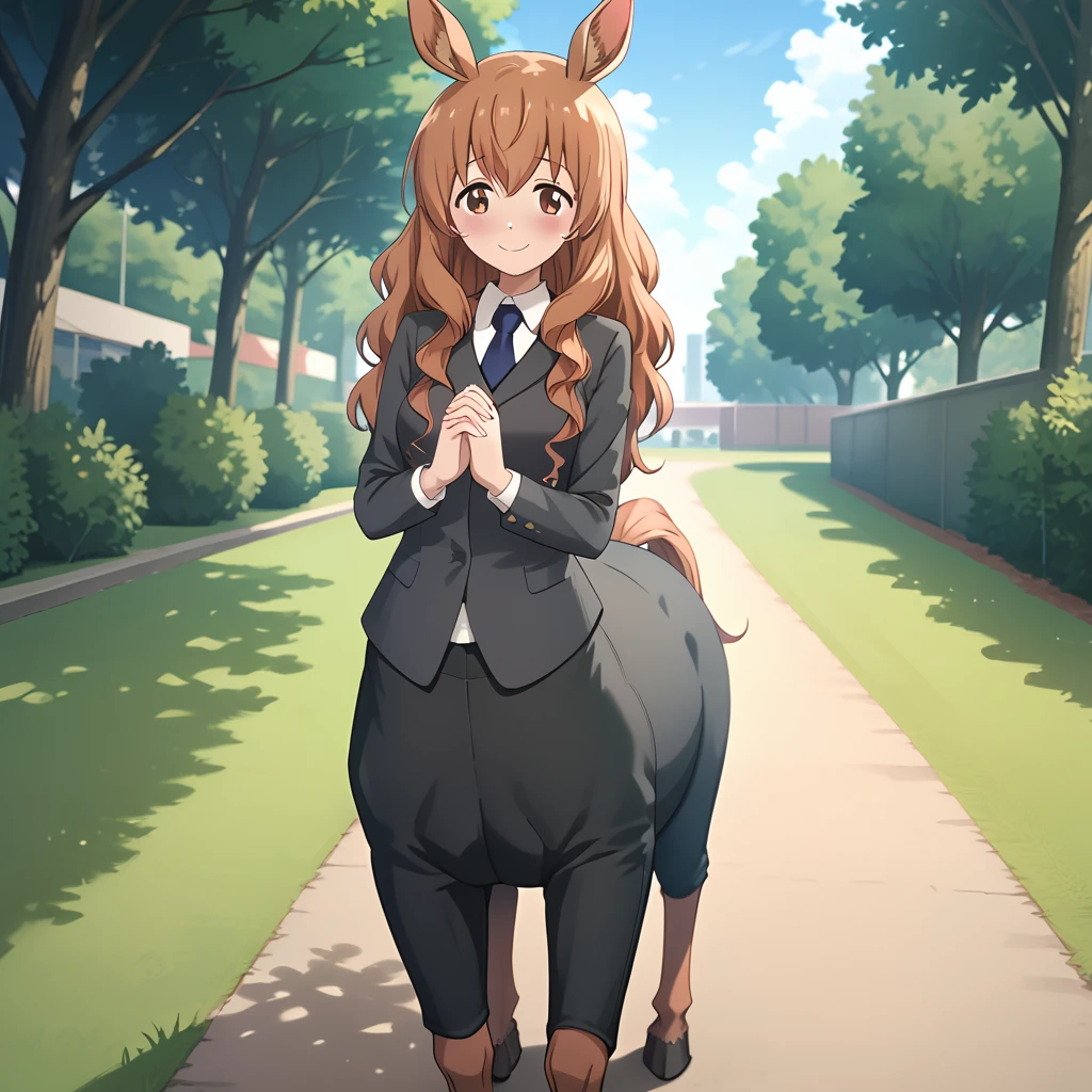 score_9, score_8_up, score_7_up, 1girl, solo, uncensored, himenokimihara, centaur, hooves, (black pants:2), long brown hair, blue necktie, black vest, long sleeves, school uniform, smile, closed mouth, shy, blush, own hands together,  looking at viewer, dutch angle,  outdoors, park, trees, grass  <lora:HimenoKimiharaXL_v1.0:1>