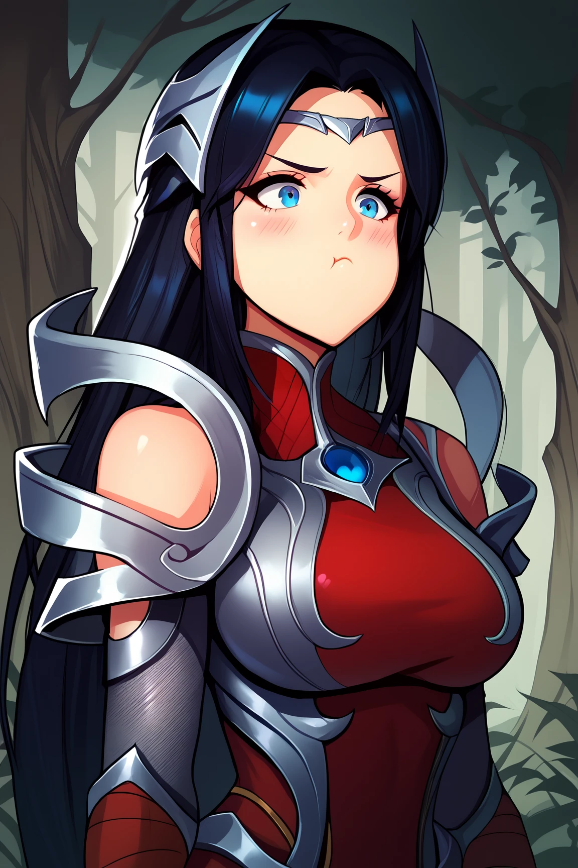 score_9, score_8_up, score_7_up, score_6_up, source_cartoon, BREAK, IreliaLoLXL, blue eyes, black hair, long hair, hair ornament, forehead ornament, large breasts, grey armor, pauldrons, red dress, detached sleeves, guantlets, standing, forest, blush, pout, closed mouth <lora:IreliaLoLXL:1> <lora:MamakoPoutPXL:1>