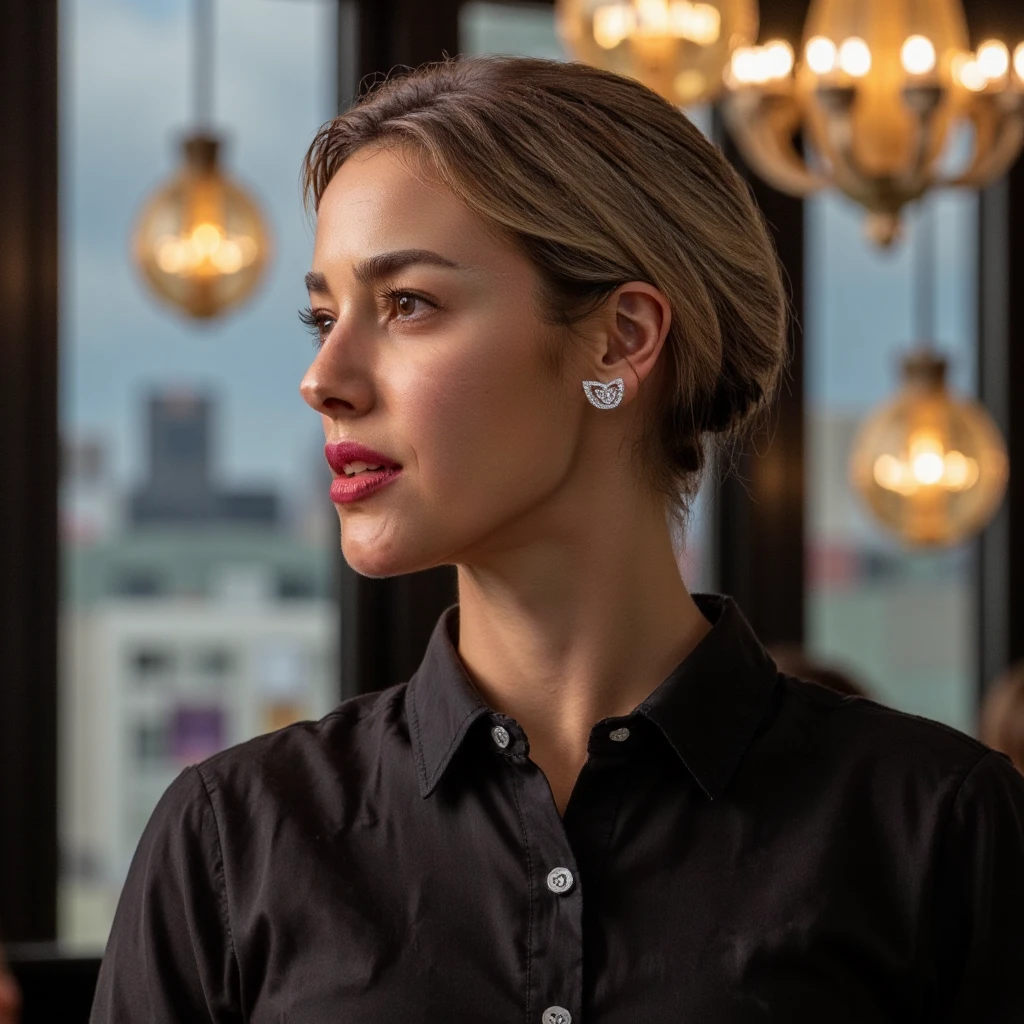 Photograph of a blonde british woman . She wears a Eternel_earrings . shirt. focus is on the Eternel_earrings. from side. In a room. The scene is bathed in soft, ambient lighting from sleek chandeliers, creating a warm glow that contrasts with the cool cityscape outside, adding a touch of luxury and sophistication