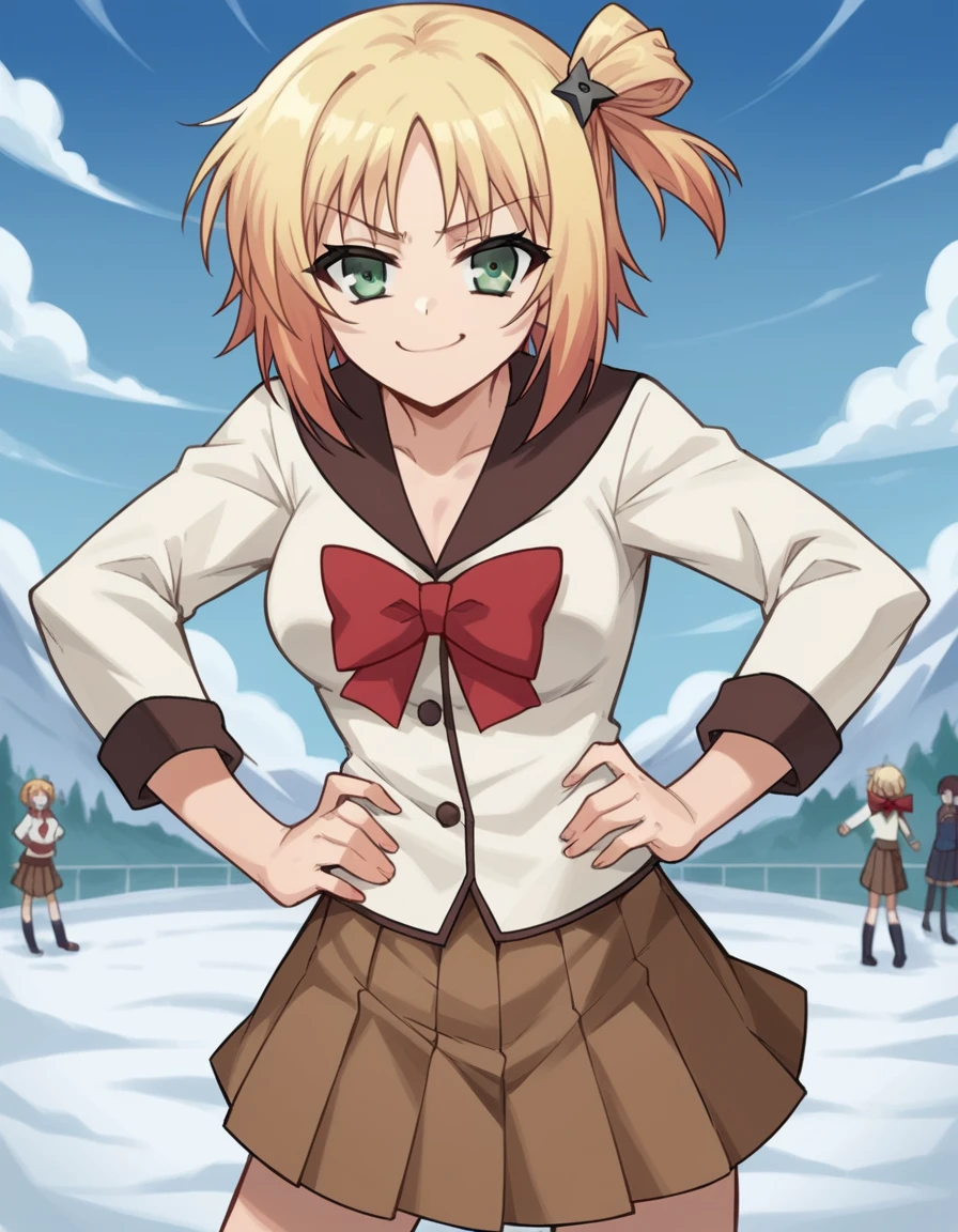 score_9, score_8_up, score_7_up, source_anime, <lora:yuki-yoshida-s2-ponyxl-lora-nochekaiser:1>, yuki yoshida, short hair, blonde hair, hair ornament, green eyes, one side up, medium breasts,, skirt, bow, school uniform, serafuku, plaid, red bow, brown skirt,, snow day, winter clothes, snowball fight, laughter, cold breath, white landscape, , looking at viewer, smug, hand on hips,, solo,, cowboy shot, dutch angle