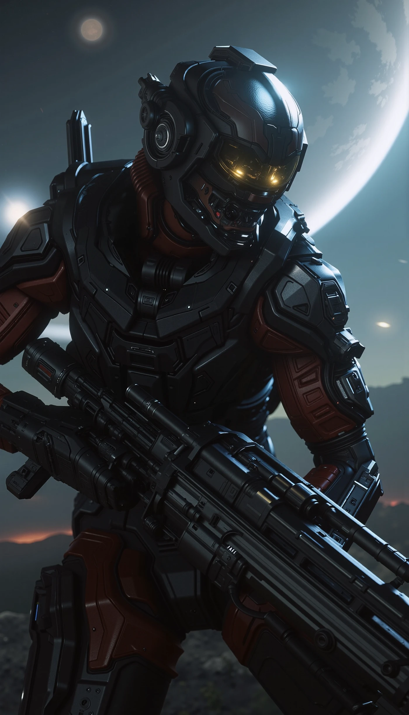 cinematic photorealistic dramatic portrait of an alien wearing an industrial drake interstellar armor and helmet holding a taser pistol also designed by drake