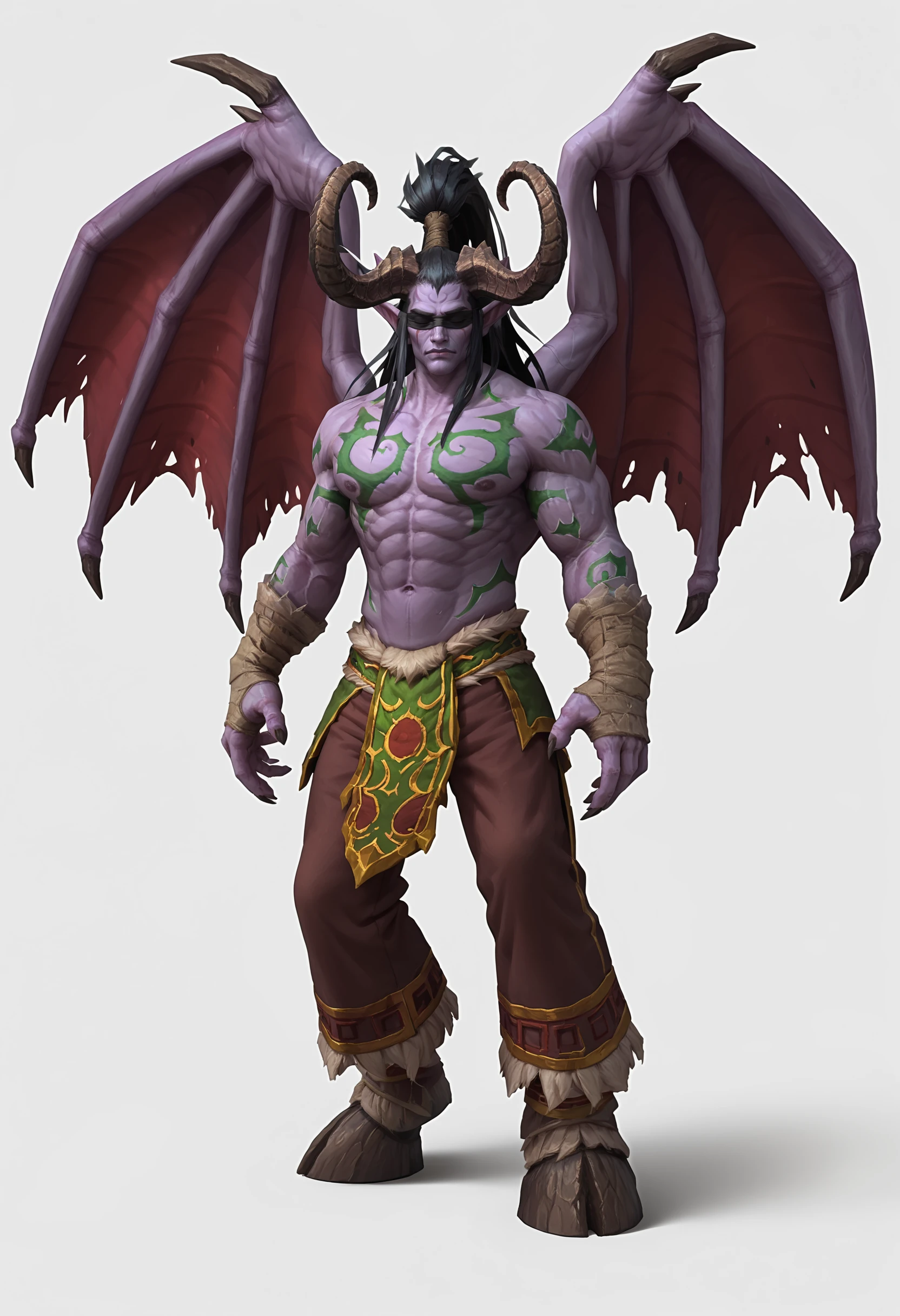 score_9, score_8_up, score_7_up, score_6_up, score_5_up, score_4_up, 1boy <lora:IllidanWOW_r1:0.85>  male focus, horns, wings, colored skin, purple skin, demon wings, black hair, pointy ears, long hair, blindfold, abs, topless male, full body, standing, 
simple background,