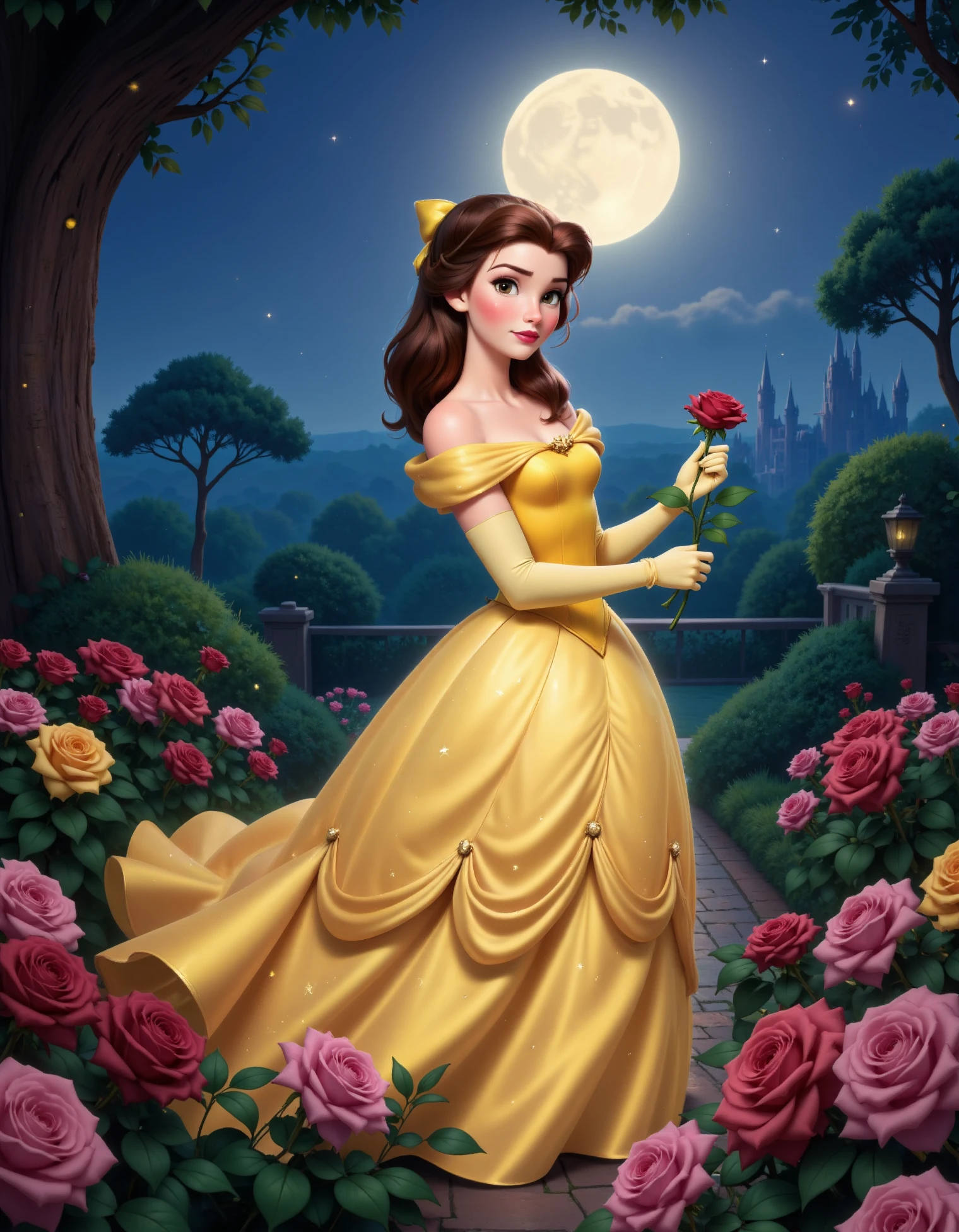 Belle, princess belle in yellow dress, Belle is standing in a beautifully manicured garden under the light of a full moon, wearing her yellow dress. The flowers around her are in full bloom, and she’s gently touching a rose, her face lit softly by the moonlight, disney style