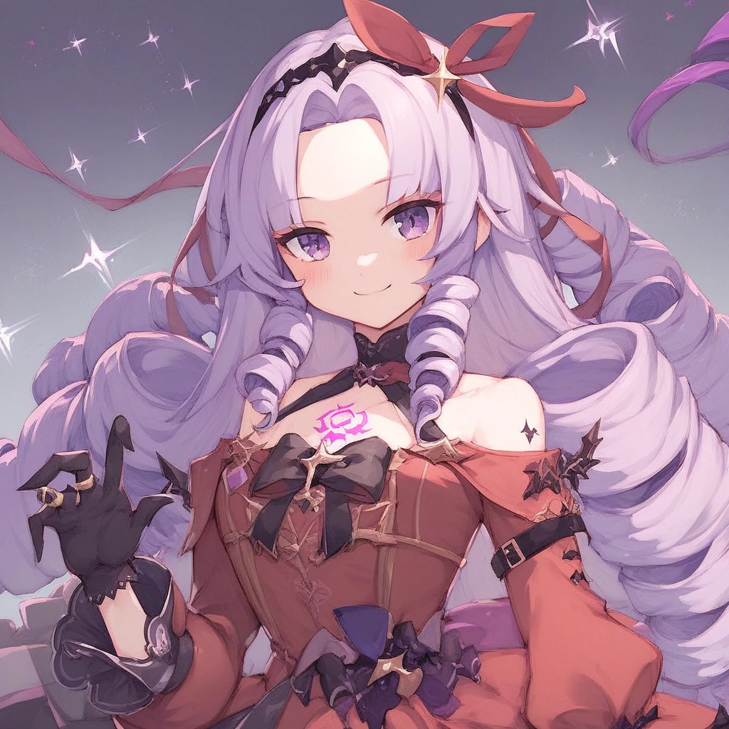 Score_9, score_8_up, score_7_up, t0pu, 1girl, virtual youtuber, solo, gloves, dress, long hair, drill hair, red dress, black gloves, smile, bangs, looking at viewer, blush, long sleeves, purple eyes, chest tattoo, claw ring, purple hair, off-shoulder dress, off shoulder, ribbon, light purple hair, tattoo, hair ribbon, sparkle, hairband, bare shoulders, parted bangs, very long hair