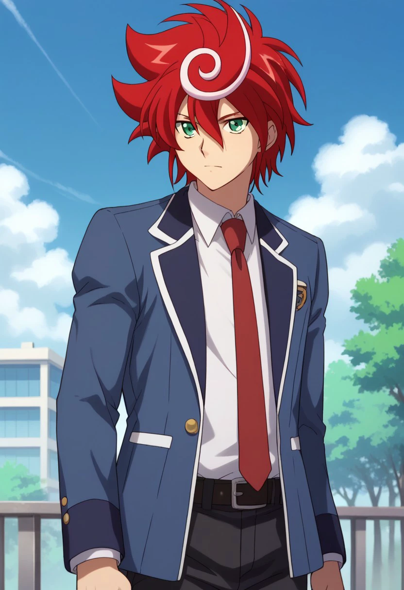 score_9, score_8_up, score_7_up, source_anime, highly detailed, 
chrono_nx, 1boy, male focus, solo, red hair, streaked hair, multicolored hair, green eyes, school uniform, shirt, collared shirt, white shirt, necktie, red necktie, jacket, blue jacket, blazer, belt, pants, black pants, upper body,
outdoor, sky, cloud, tree,