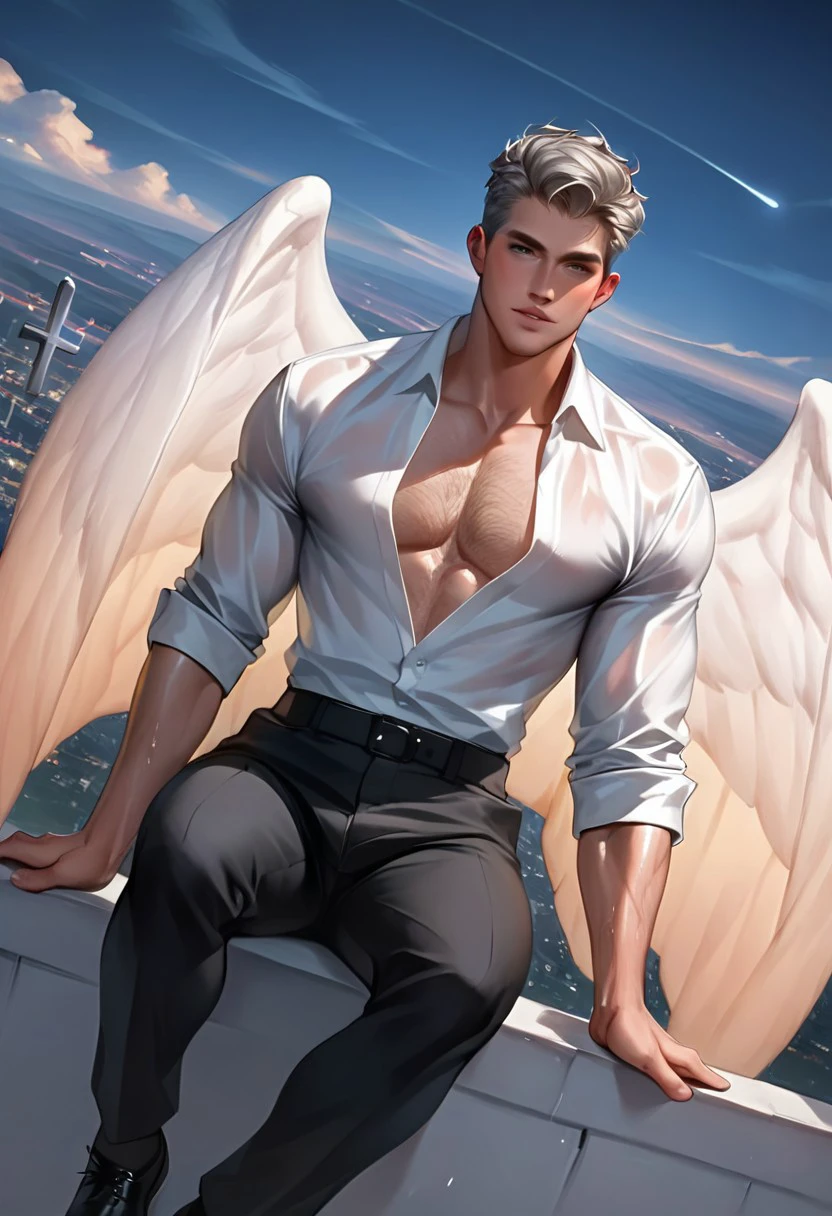 (nonsense, High resolution, very detailed, HDR), Masterpiece, best quality, A drawing of a boy, handsome man with red eyes, detailed face, professional photos, An Arav man enters the fight shirtless., Fight comfortably，legs open, (Swollen nipples(from below:1.1)), Focus on your audience,18 year old boy, handsome man, [ well defined body ]，abdomen，chest muscles，Big bulge，angel，wing，feather，cloud，cloud,((((Convex crotch)))),blue crystal shoes with gold pattern