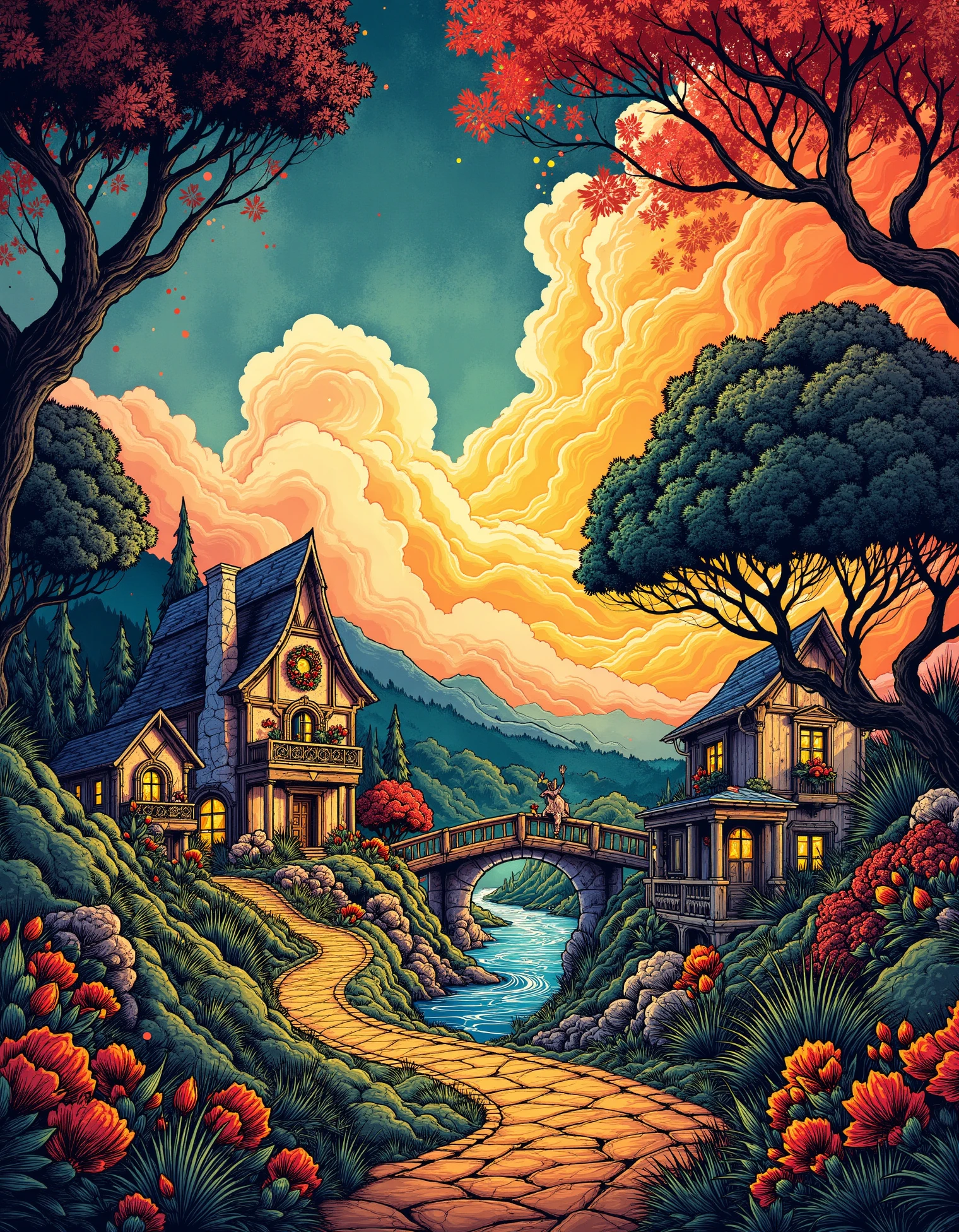 zavy-fltlnpnt, lineart, cel-shaded graphics, landscape of a Awful Lost Village, Cozy, Bauhaus Art, pleasant, confident, romantic, radiant, sublime, beautiful detailed, flowing, full color, vivid colors, beautiful detailed supreme quality color intricate