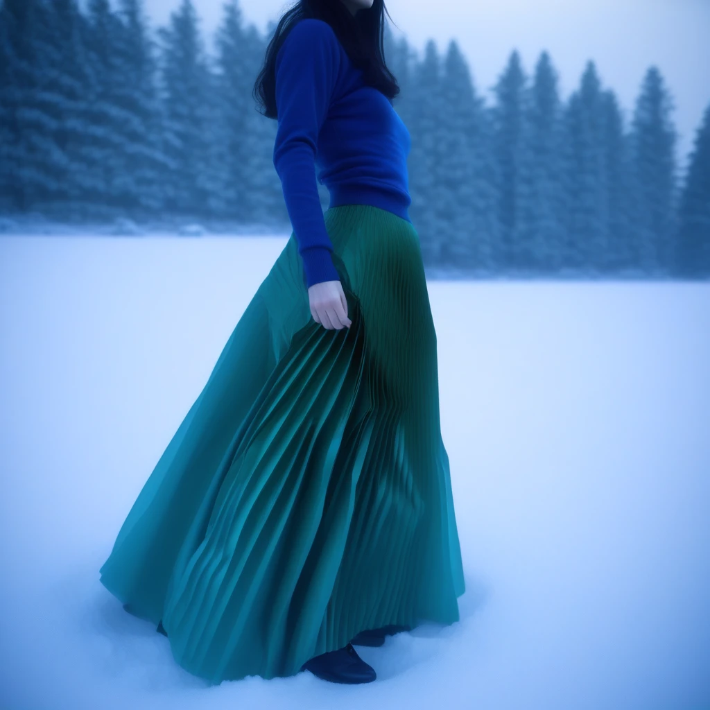 ocean, blue skin, parted lips, pleated skirt, green eyes, monitor, silhouette, snow, pants