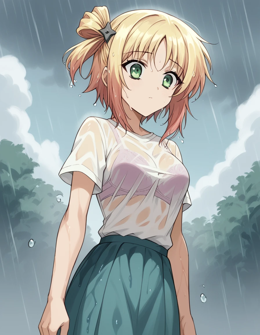 score_9, score_8_up, score_7_up, source_anime, <lora:yuki-yoshida-s2-ponyxl-lora-nochekaiser:1>, yuki yoshida, short hair, blonde hair, hair ornament, green eyes, one side up, medium breasts,, <lora:bra-visible-through-clothes-ponyxl-lora-nochekaiser:1>, bra visible through clothes, wet shirt, wet clothes, see-through, see-through shirt, bra, bralines, wet, white shirt, bra peek, wet skirt,, outdoors, rain, cloudy, , cowboy shot, dutch angle