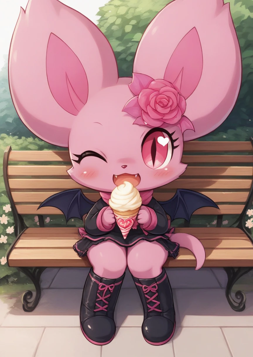 score_9, score_8_up, score_7_up, score_6_up, score_5_up, BREAK
Debi, anthro, female, solo, fangs, one eye closed, tail, 1girl, blush, bat wings, wings, boots, furry, no humans, open mouth, flower, heart, park, bench, sitting, holding icecream, pink fur, flower, hair ornament