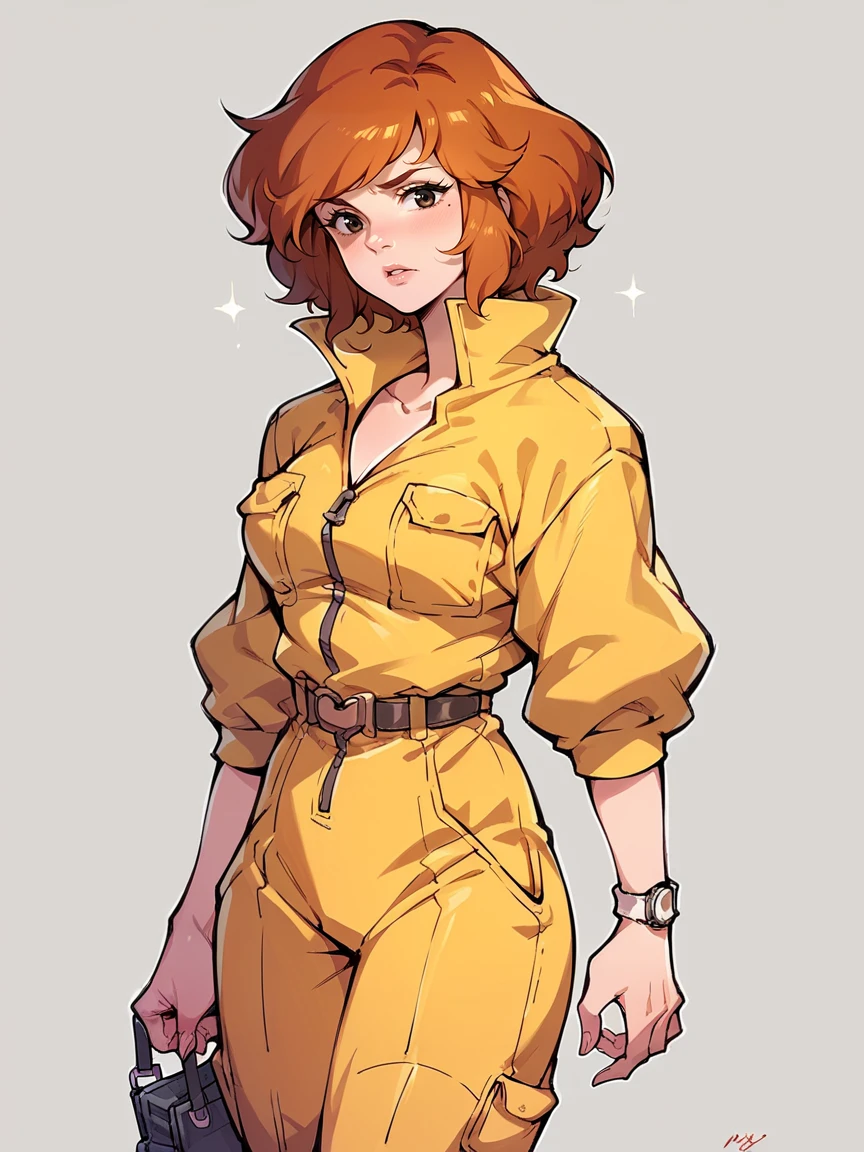 score_9, score_8_up, score_7_up, score_6_up, score_5_up,   <lora:AprilONeilXLP:1> april o'neil, 1girl, solo, orange hair, short hair, jumpsuit