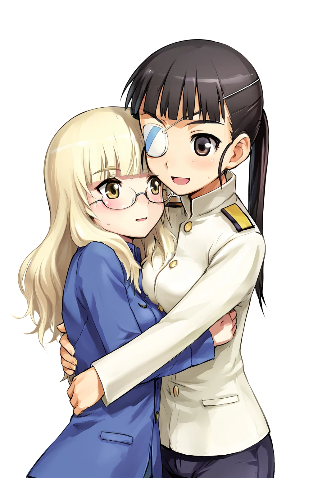 score_9, source_anime, 2girls, perrine, glasses, mio, eyepatch, hugging, yuri