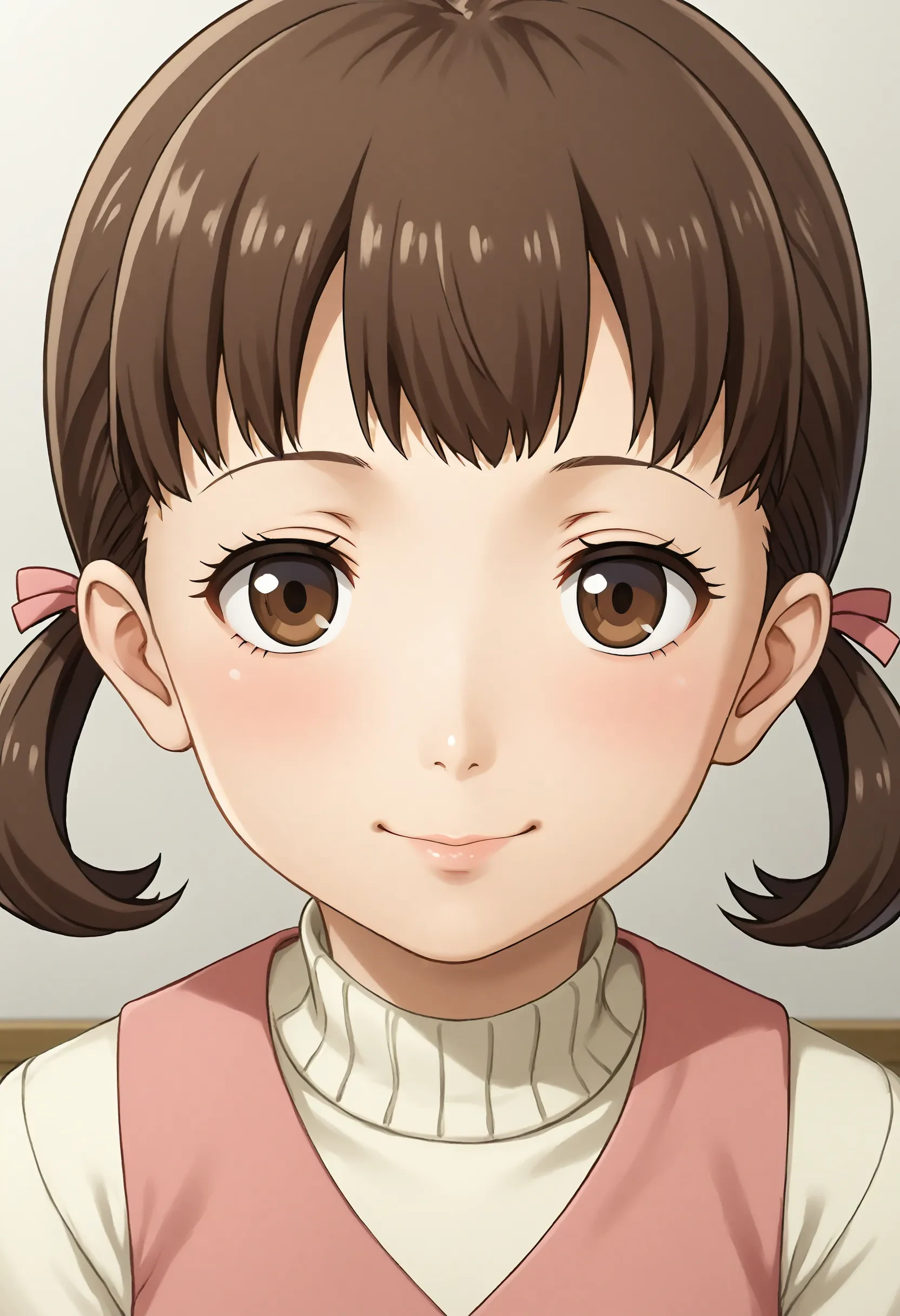 <lora:Hyper-SDXL-8steps-lora:1> score_9, score_8_up, score_7_up, best quality, uncensored, source_anime, 
BREAK
front view, little smile, closed mouth, standing, looking at viewer, upper body, portrait, close-up face, facing viewer, indoors, 
no background, white background, 1girl, (blush:-1.2), 
<lora:P4-doujima_nanako_XL(pony)v10:1> p4-nanako, brown hair, low twintail, brown eyes, p4-nanako outfit, pink dress, white sleeves, red skirt, white socks, red shoes,