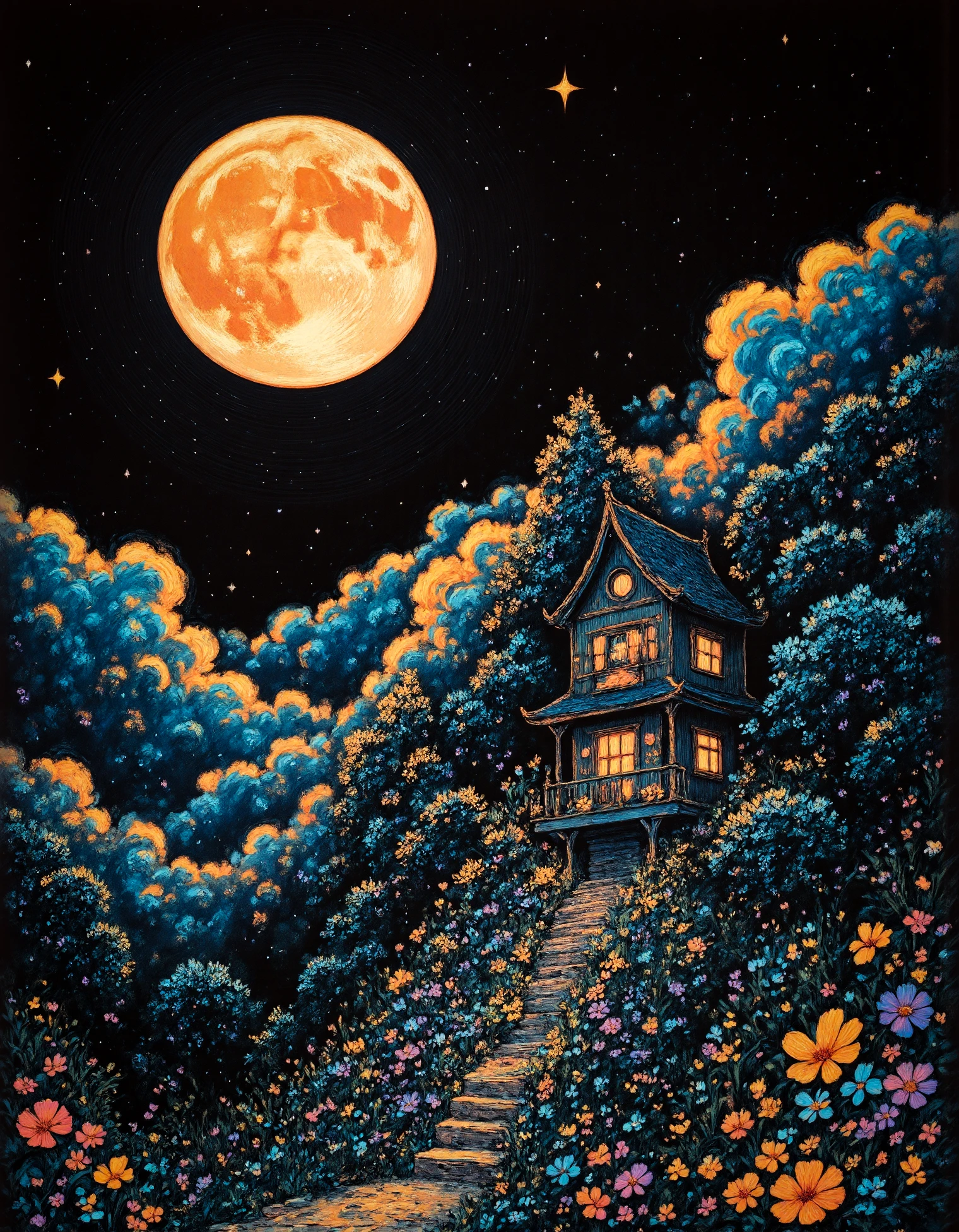 zavy-blckpnt, Ivan Bilibin Style, woodblock print, (masterpiece, best quality, highly detailed:1.2), wonderful night sky, stars, full moon, (swirling clouds), dreamy japanese bathouse, fantasy aesthetic, intricate detail