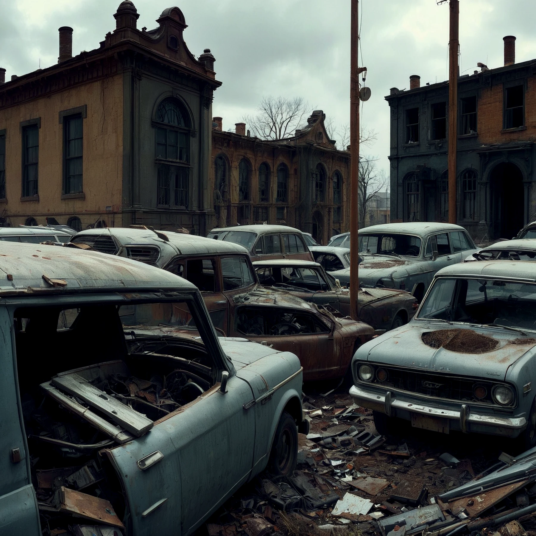 An abandoned auto shop. Rusting cars decaying outside on the street.

<lora:UrbanDecay01_CE_SDXL_64x32x120x2bOT:1> urbndcyCE style