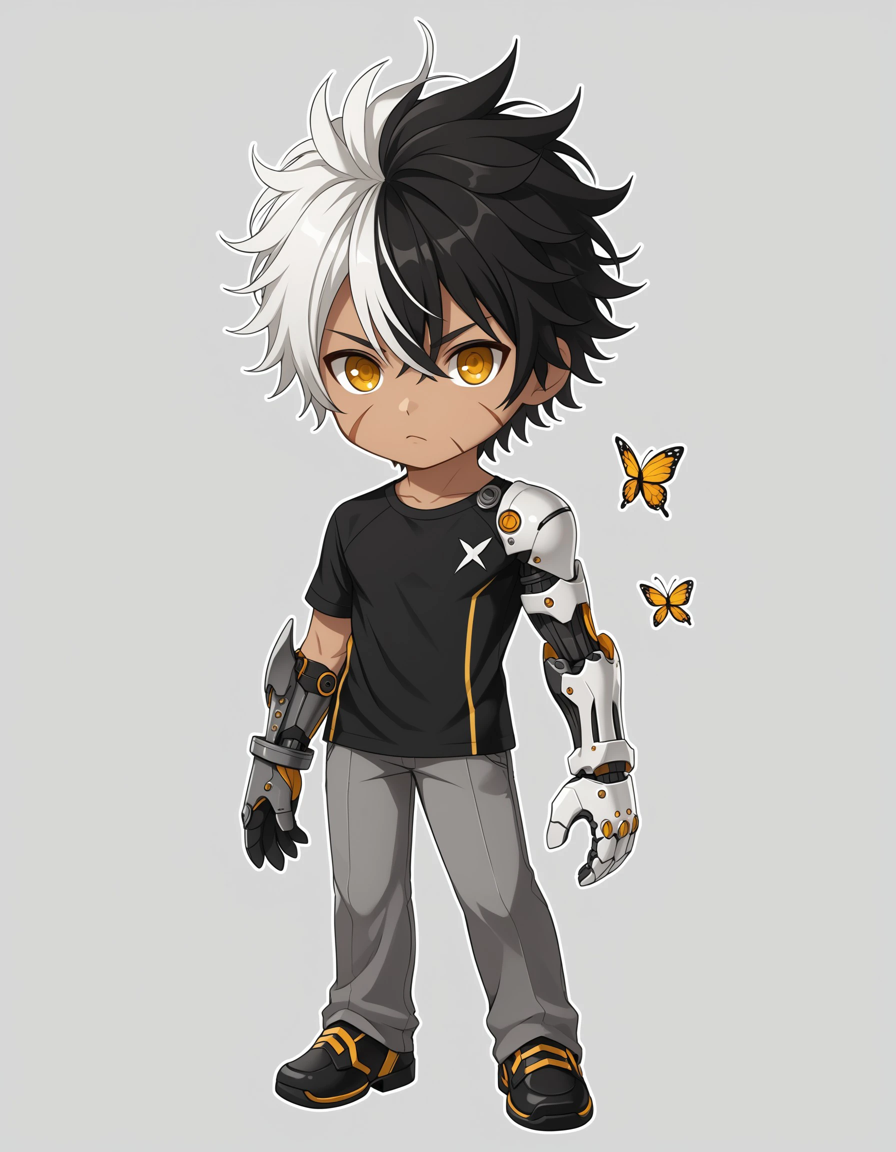 (masterpiece), best quality, expressive eyes, perfect face, ravenc, solo, black hair, 1boy, full body, yellow eyes, white hair, male focus, shoes, pants, dark skin, chibi, streaked hair, scar, bug, messy hair, butterfly, scar on face, mechanical arms, single mechanical arm, prosthesis, <lora:0fa71407-df91-44f5-8e68-48e570d956a3:0.7>