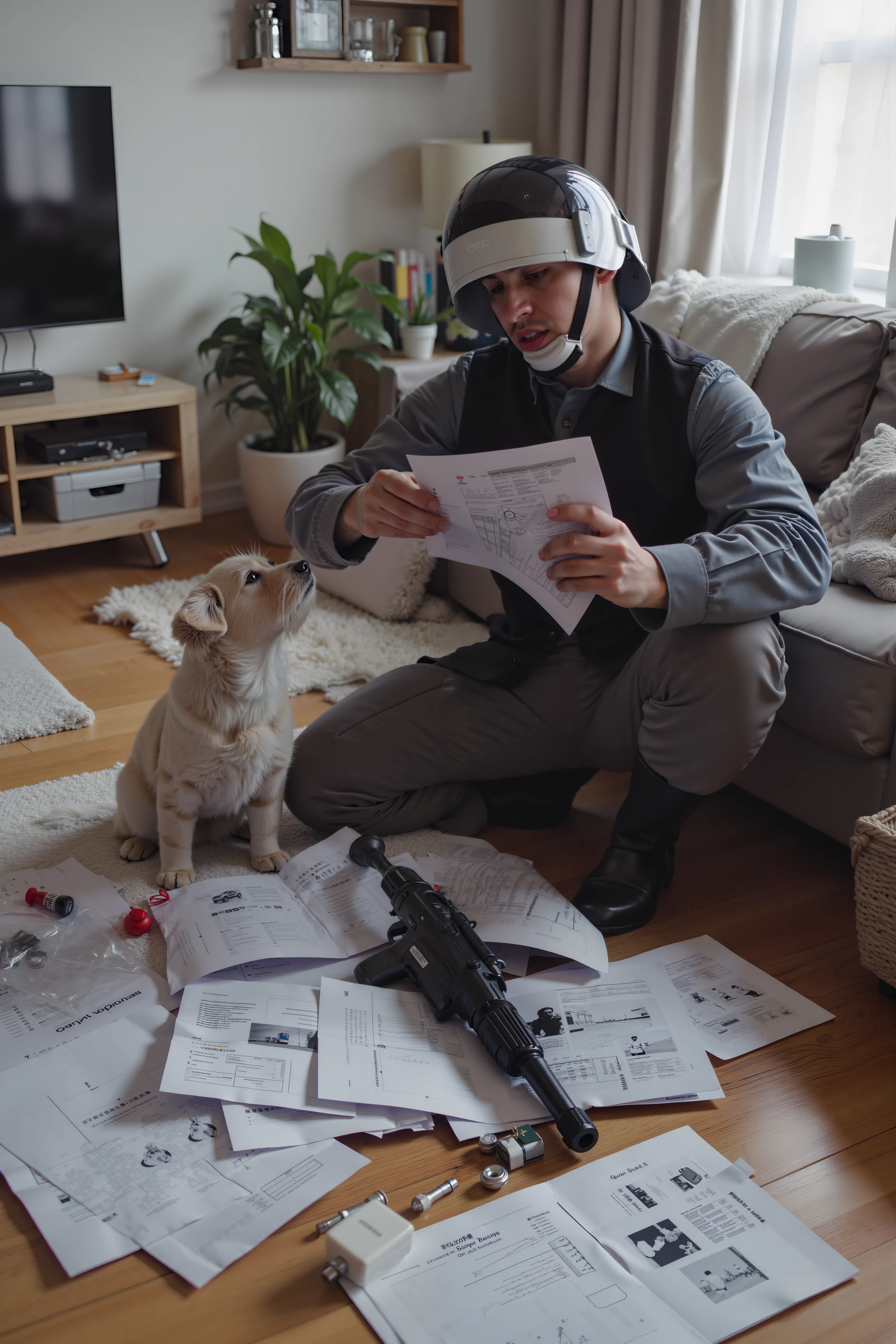 A hyper-realistic close-up of a Rebel Trooper struggling to assemble a flat-pack piece of furniture in a modern living room, his blaster discarded on the floor next to an array of confusing instruction sheets. His helmet is off, and his face is contorted in frustration as he tries to force two pieces together that clearly don’t fit. The background shows a typical Earth apartment, with a couch, TV, and random houseplants, while a small dog sits nearby, watching the struggle with mild interest. Realistic screws and tools are scattered across the floor, and the Trooper’s uniform is slightly rumpled as he mutters something about the Empire being easier to fight than IKEA.