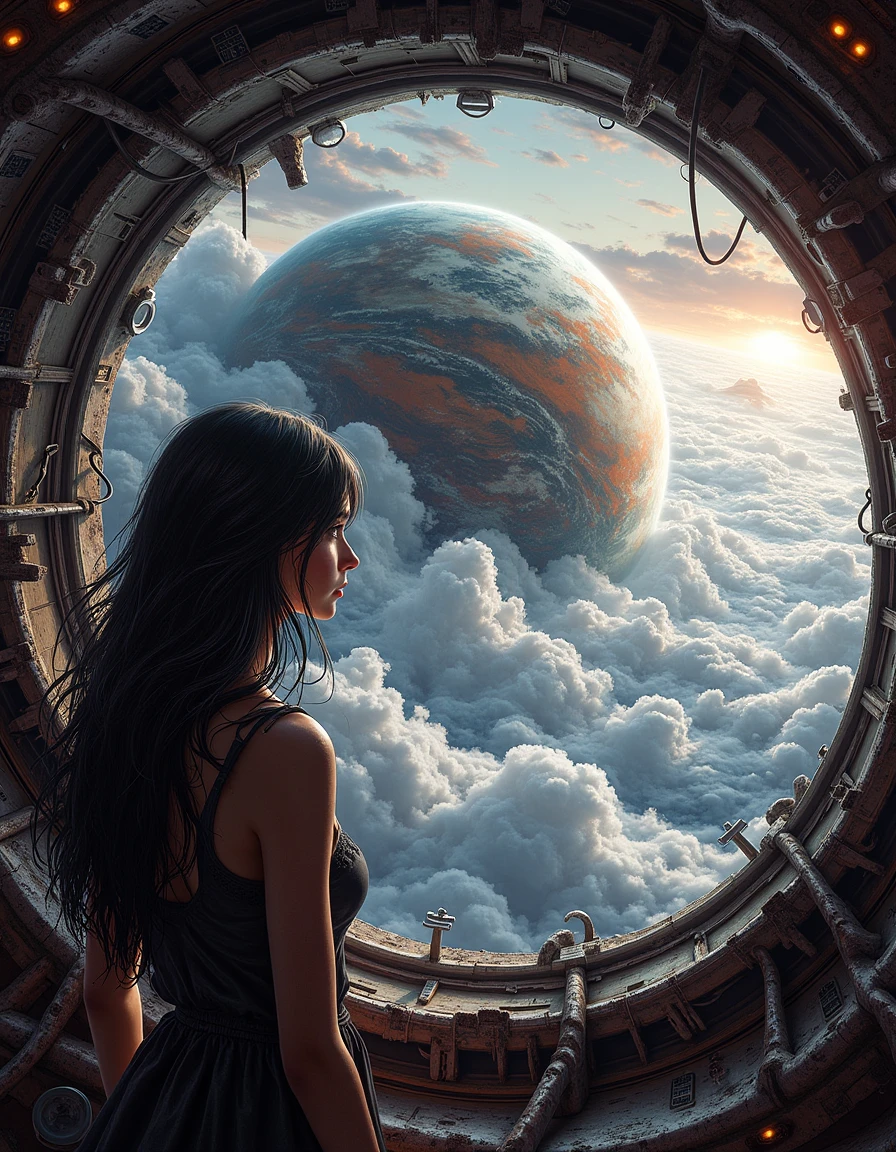 d1st0p14 , Inside the observation deck of a spaceship, a woman gazes out at the swirling clouds of a massive gas giant, its multicolored atmosphere glowing in the faint light of a distant sun.
<lora:dystopia:0.7>