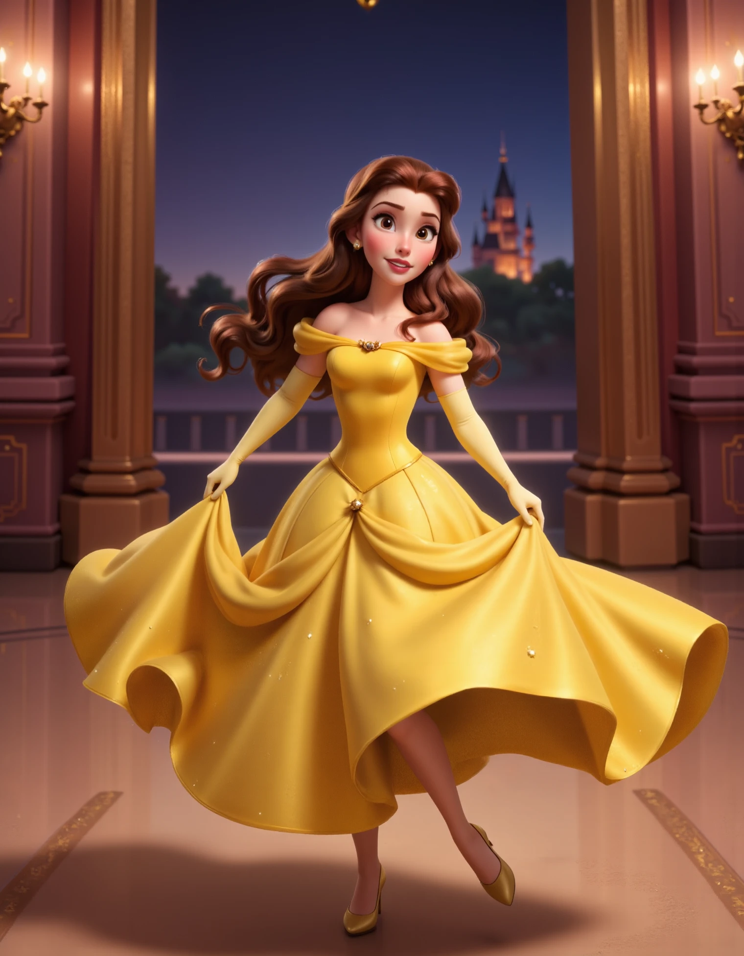 Belle, princess belle in yellow dress, Belle is twirling gracefully in the grand ballroom at night, her yellow dress flowing around her as she spins. The chandeliers above cast a warm glow, and she has a joyful expression as she dances alone, lost in the moment, disney style