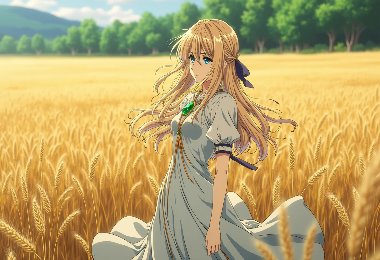 Anime style, sharp, high contrast and highly detailed. Ghibli anime style. Perfect anatomy. Perfect body ratio. No oversized head. No blurry, out of focus pictures. No simple background, no single color background
 <lora:Violet_evergarden_violet_flux_2_2:1> violeteg, blonde,,
She is wearing a long dress and ribbon with an emerald brooch, standing in a wheat field.