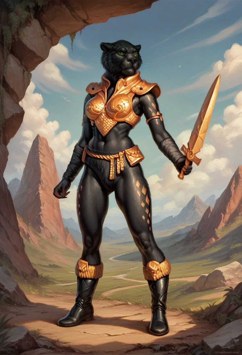 score_9_up, score_8_up, score_7_up, score_6_up, 1girl, solo, pantera, furry female, black fur, gold armor, gold belt, black and gold boots, holding gold sword, green eyes, dramatic pose, on a rocky outcrop, fantasy landscape, (realistic), (painted art)