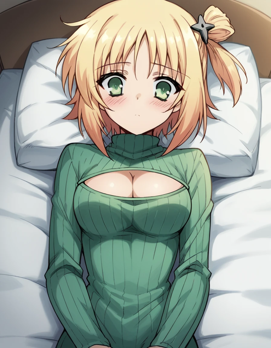 score_9, score_8_up, score_7_up, source_anime, <lora:yuki-yoshida-s2-ponyxl-lora-nochekaiser:1>, yuki yoshida, short hair, blonde hair, hair ornament, green eyes, one side up, medium breasts,, <lora:open-chest-sweater-ponyxl-lora-nochekaiser:1>, open-chest sweater, ribbed sweater, cleavage cutout, meme attire, clothing cutout, turtleneck, sweater dress, cleavage, clothes tug, sweater pull, cleavage reach,, indoors, bed, bed room, blush, on bed, on back, , cowboy shot, dutch angle