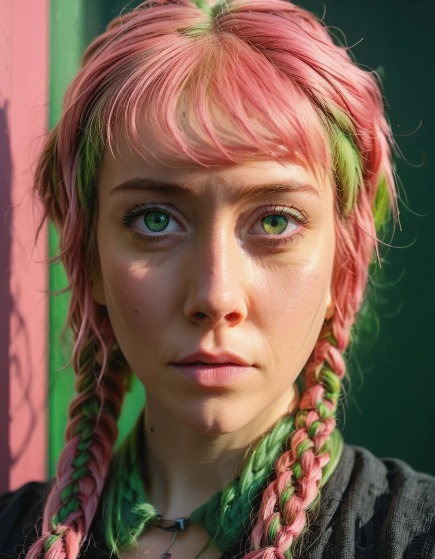 ultra-detailed absurdres professional sharp focus 35mm photorealistic portrait photograph of 
Laura_Pyper with pink and green streaked braided hair, and it's time to be an android not a man,
(masterpiece:1.2), (best quality:1.2), ultra-detailed, best shadow, detailed background, high contrast, (best illumination, extremely delicate and beautiful), ((cinematic light)),  intricate details, 8k, very aesthetic, 
 <lora:Laura_Pyper-SDXLe15:0.9>