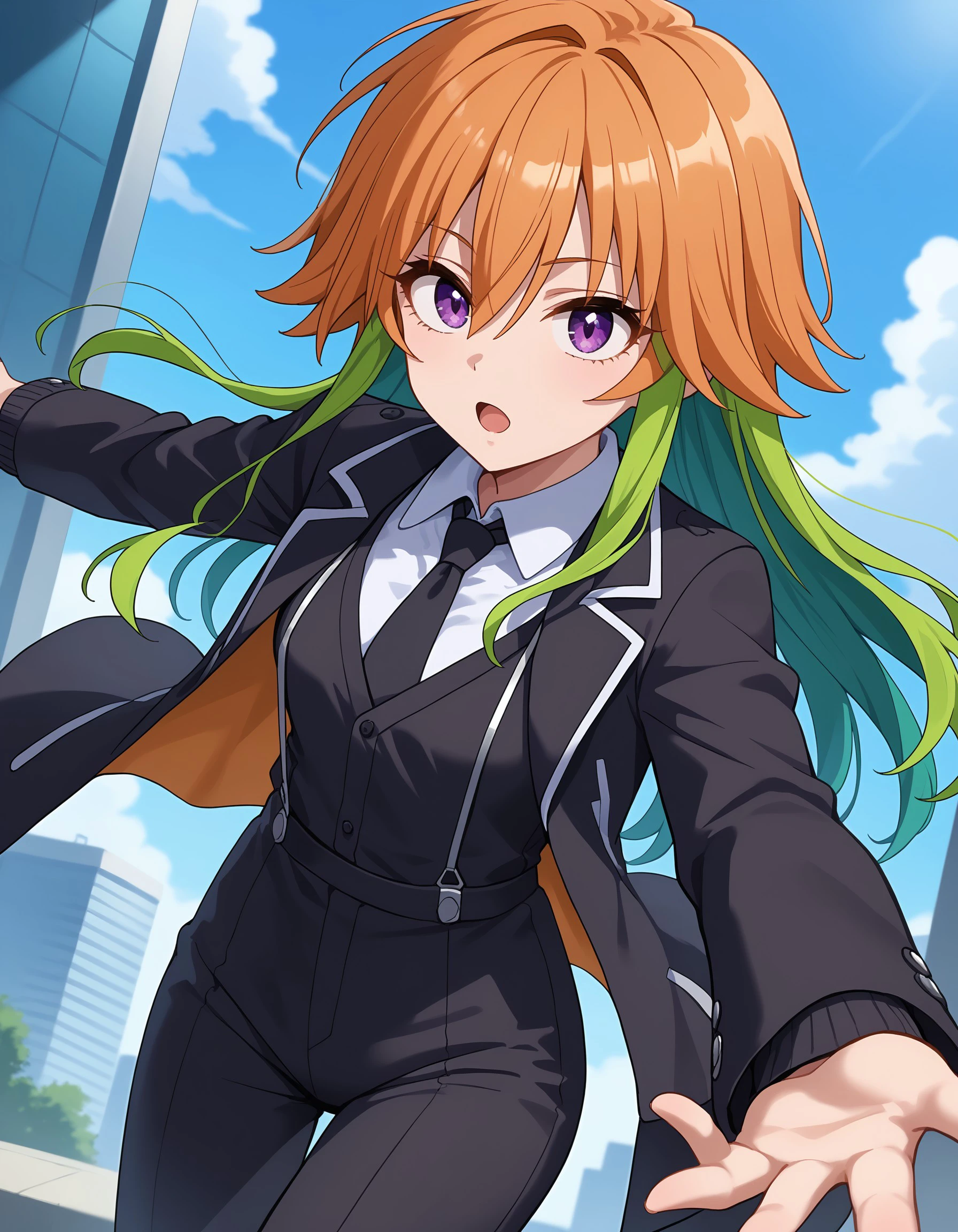 (masterpiece), best quality, expressive eyes, perfect face, shirt,  white shirt, suspenders, long hair, floating hair, open clothes,pants, jacket, dress shirt, long sleeves, looking at viewer, open jacket, shiny hair, black pants, two-tone hair, bangs, black jacket, collared shirt, orange hair, green hair, shiny, hair between eyes, outstretched arm, black necktie, open mouth, asuka_n, purple eyes, <lora:d93be3bb-a649-4b2a-86ec-3ce1fce180b8:0.7>