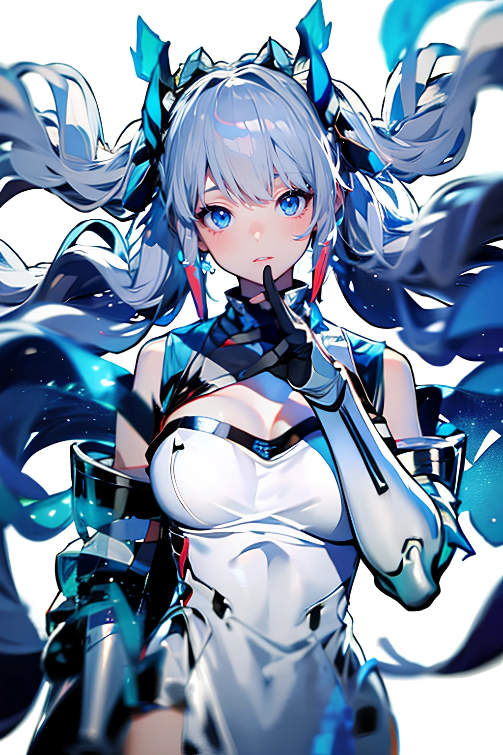 airi heavenly striker, 1girl, solo, gloves, perfect breasts, blue eyes, white hair, long hair, ponytail, white dress