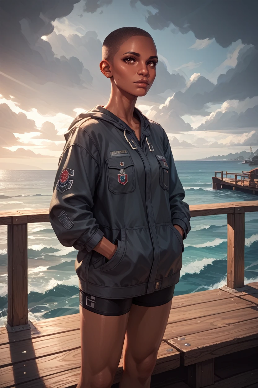 score_9, score_8_up, score_7_up, score_6_up
<lora:CyberTBug:0.8>
CyberTBug, 1girl, dark skin, buzz cut, brown eyes, looking at viewer, standing on a pier, looking out at the ocean, hands in pockets, overcast sky with hints of sunlight breaking through, calm and introspective atmosphere