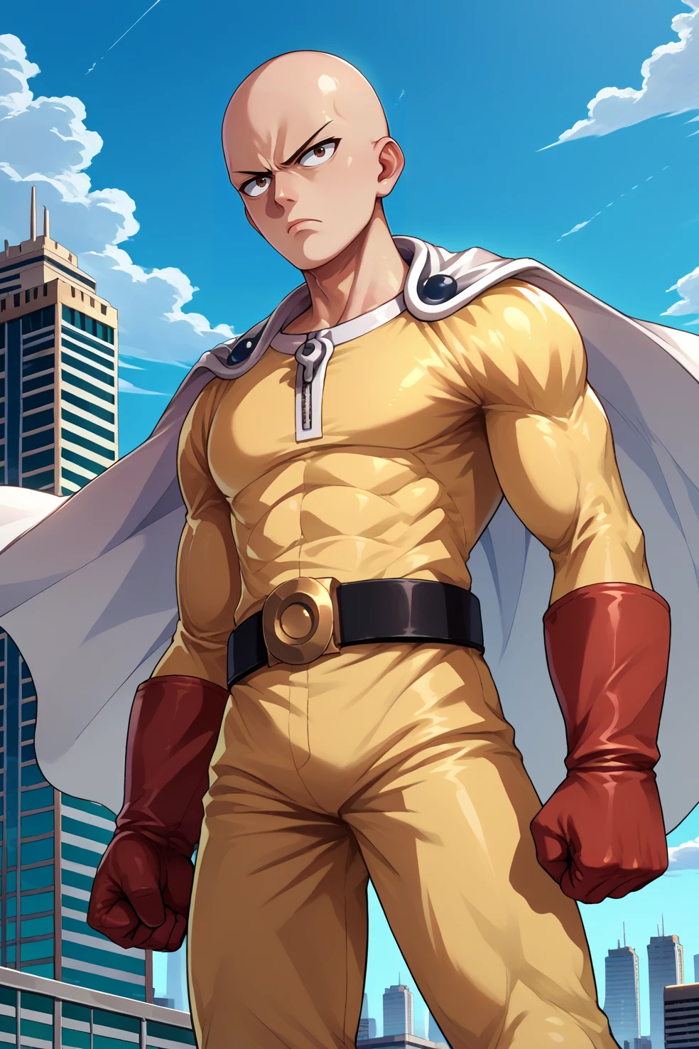 score_9, score_7_up, source_anime, cowboy shot, serious, 0pm, 1boy, bald, brown eyes, yellow bodysuit, white cape, red gloves, red boots, zipper, black belt, belt buckle, clenched hand, outdoors, blue sky, skyline, <lora:Hoseki_OnePunchMan_Saitama_PDXL_v1:1>